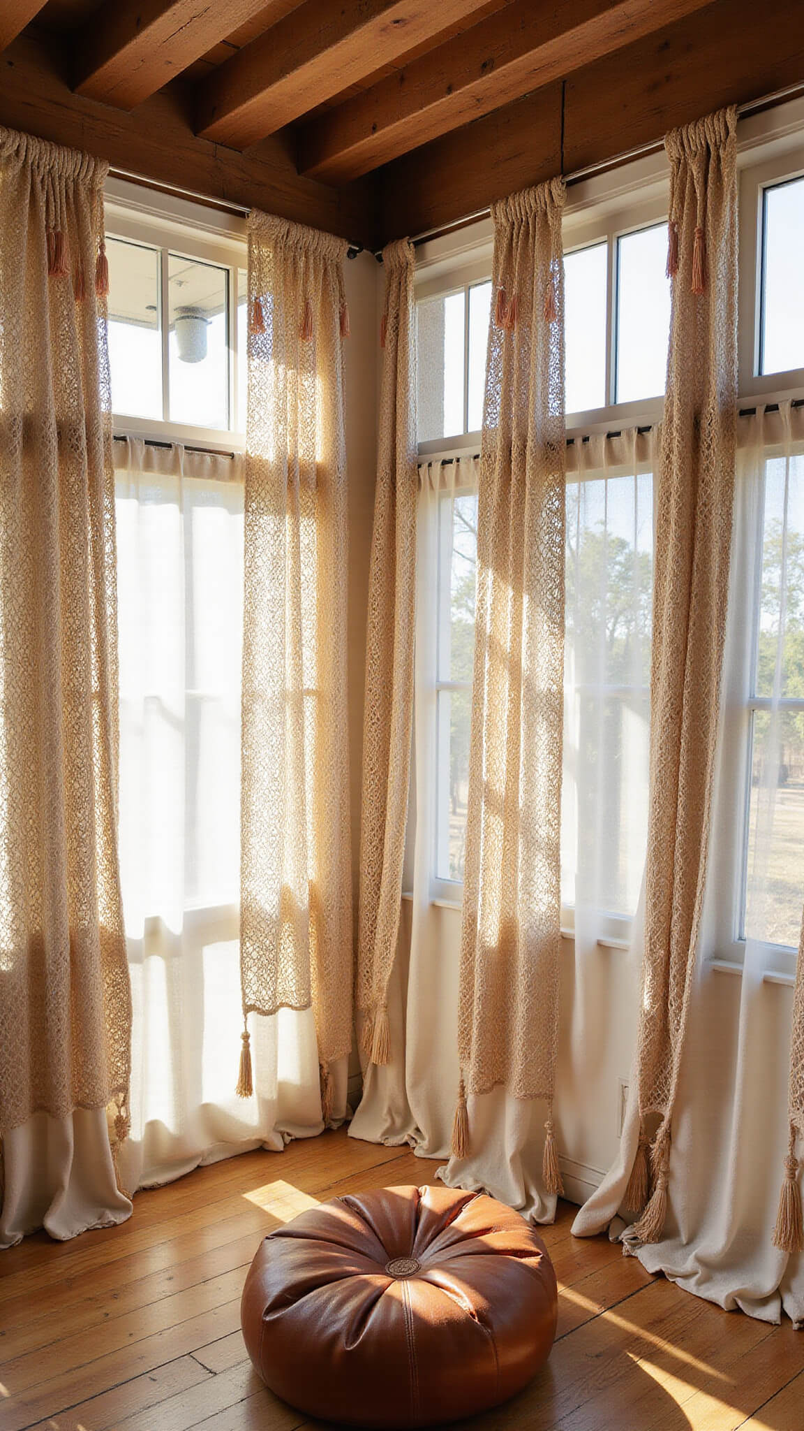 Bohemian living room with floor-to-ceiling windows, macramé and linen curtains, sunlit shadows on hardwood floors, exposed wooden ceiling beams, and vintage Moroccan pouf.