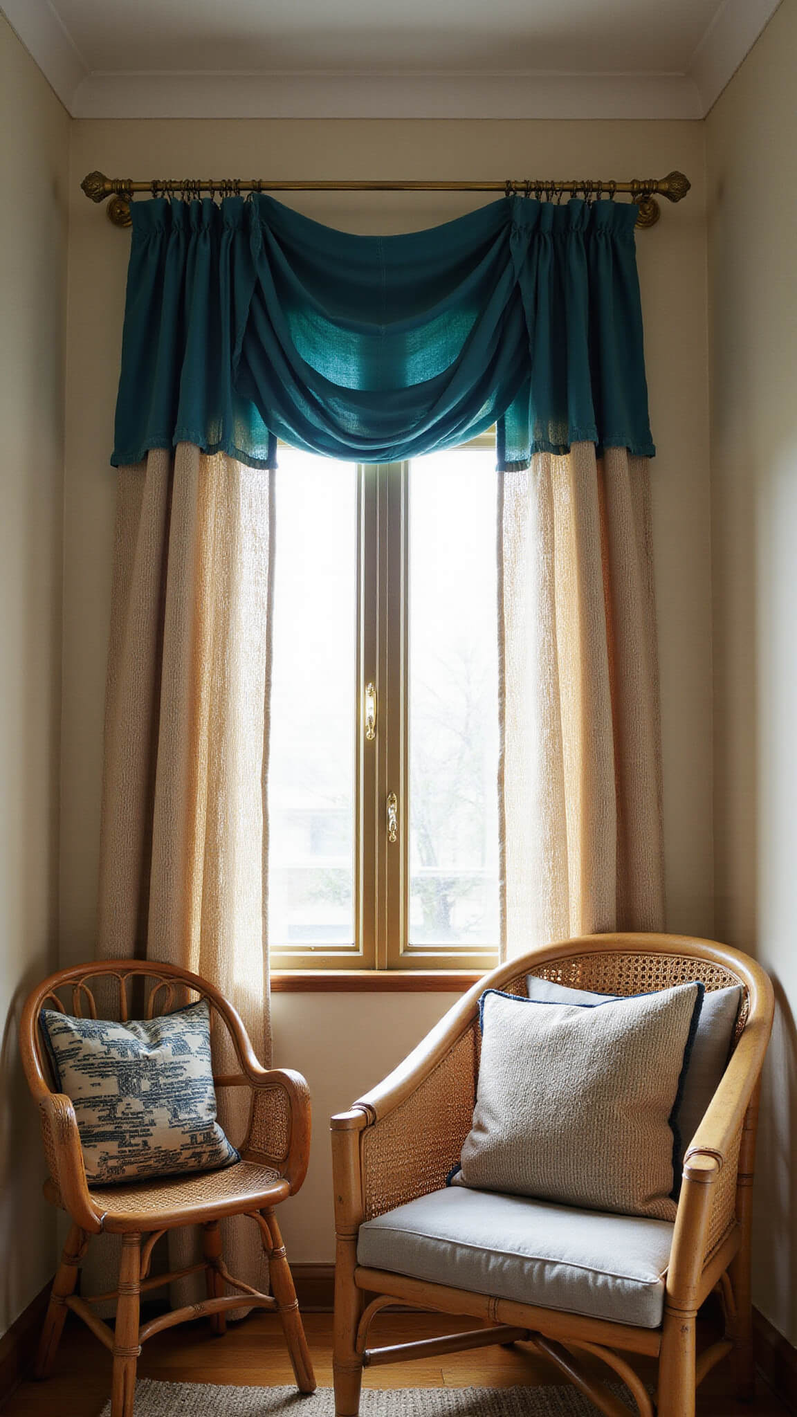 Boho bedroom with arched window draped in turquoise velvet and champagne sheers, golden hour light streaming through handwoven trims, rattan chair with mud cloth pillows, vintage brass curtain rod, ivory textured walls, and warm earth-tone accents.