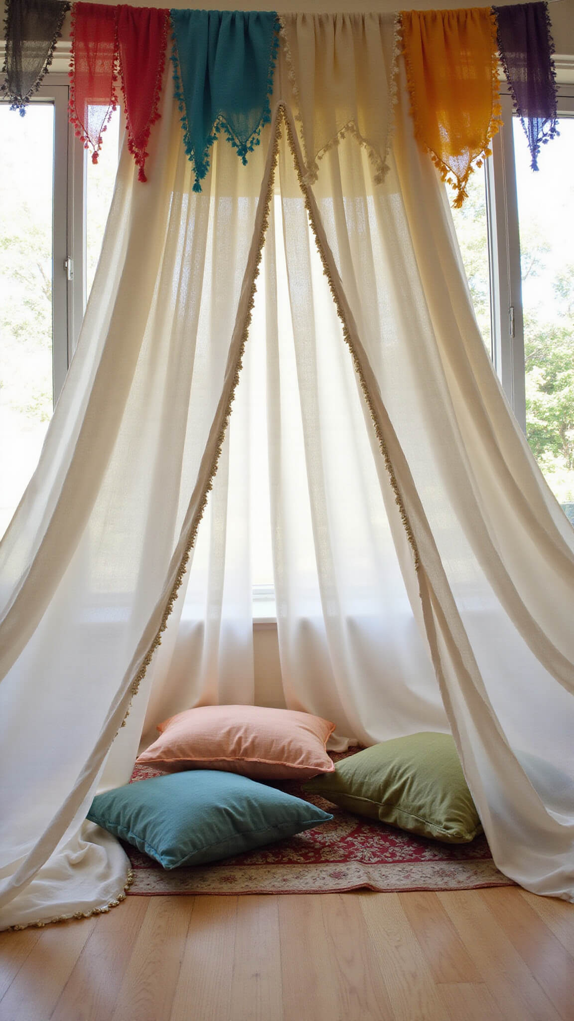 Low-angle view of a light-filled meditation corner with ceiling-mounted bohemian canopy made from vintage saris and cream chiffon, floor cushions in raw silk, and beaded trim casting prismatic light; colors include peacock blue, marigold, pearl, and rose gold.