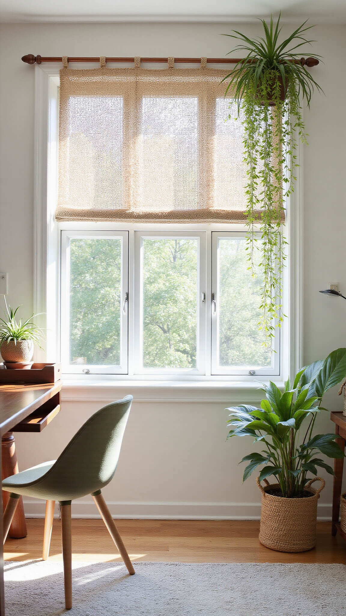Modern boho home office with mid-century desk, large window with asymmetrical copper-threaded macramé panels, cascading hanging plants, and soft afternoon light in white, copper, sage green, and jute tones.