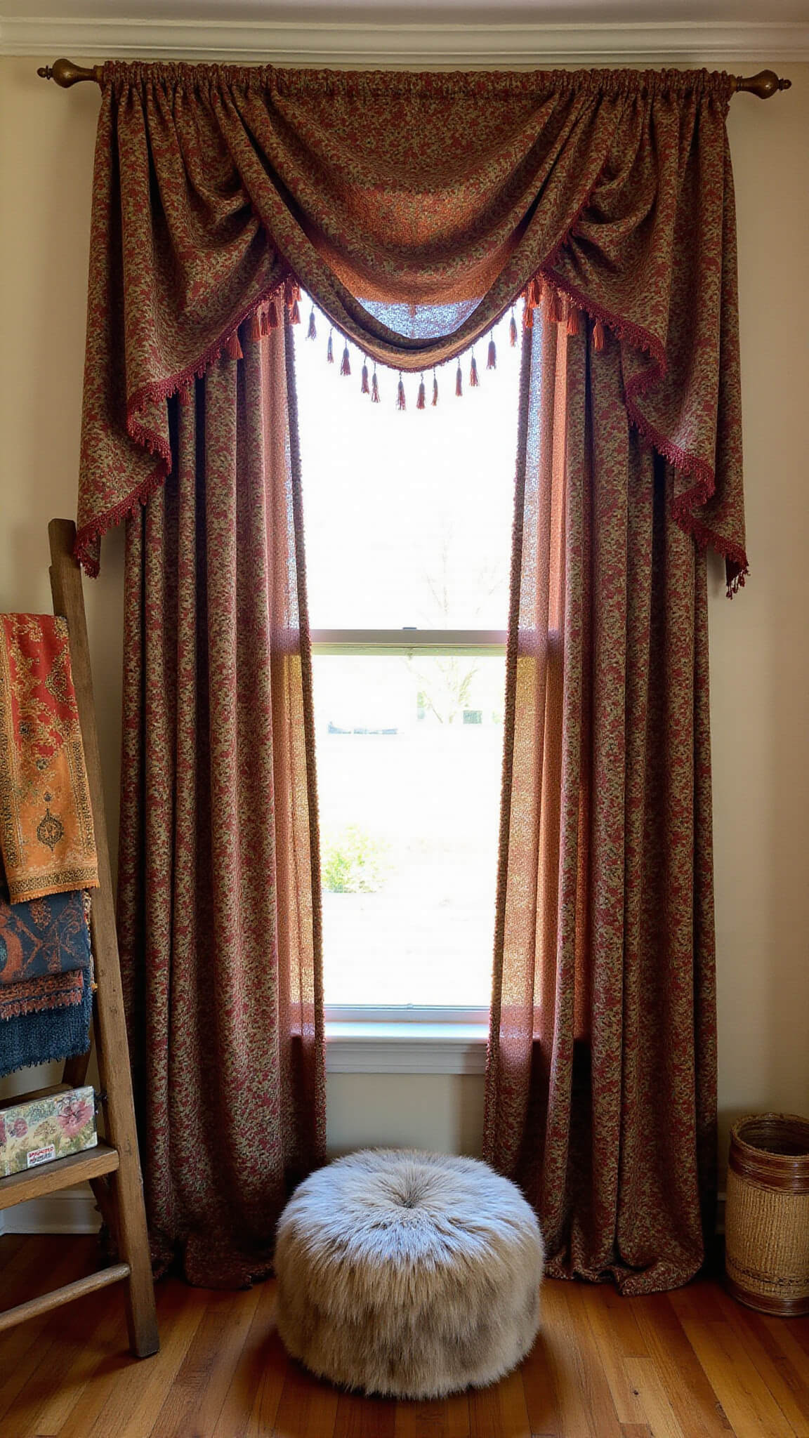 Cozy 9x11ft reading nook with tribal print curtains, vintage ladder displaying textiles, Mongolian fur ottoman, and golden hour lighting in rust, indigo, ochre, and cream tones.