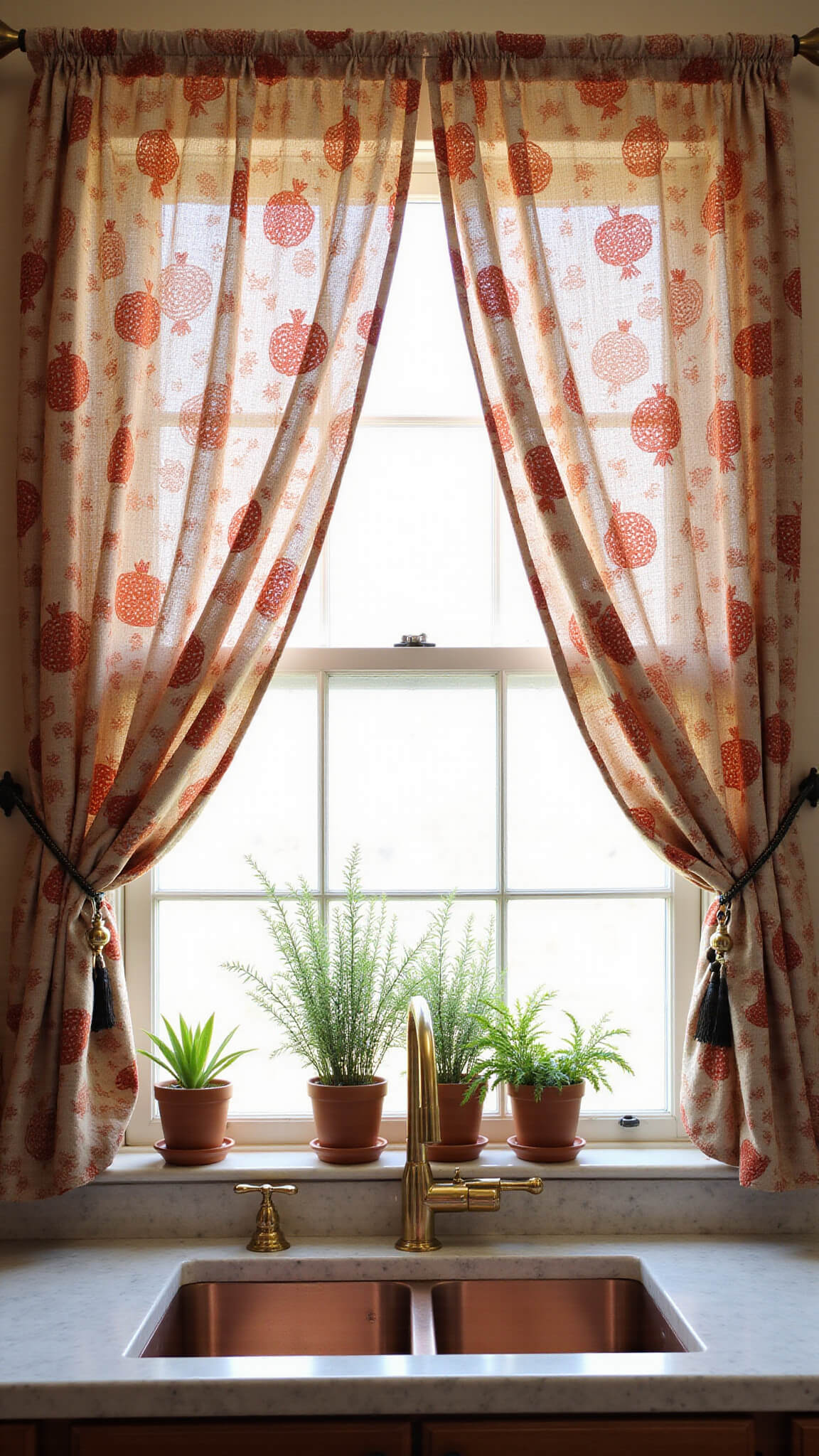 Eye-level view of a global-inspired kitchen with block-printed cotton café curtains featuring pomegranate motifs, brass curtain rods, copper cookware, and potted herbs on the windowsill in warm morning light.