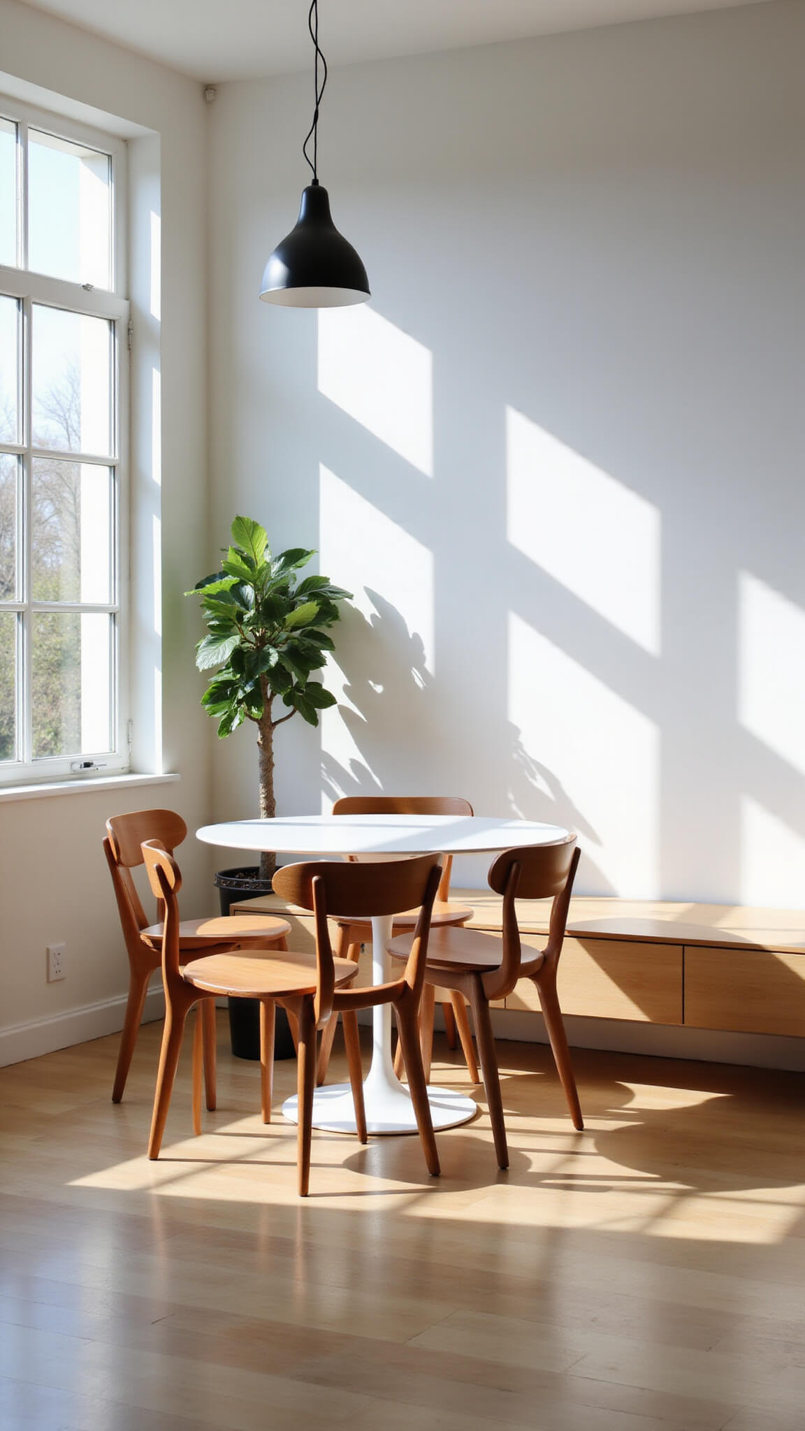 Modern minimalist kitchen corner with tulip table, wooden chairs, floating oak bench, and fiddle leaf fig in afternoon light.