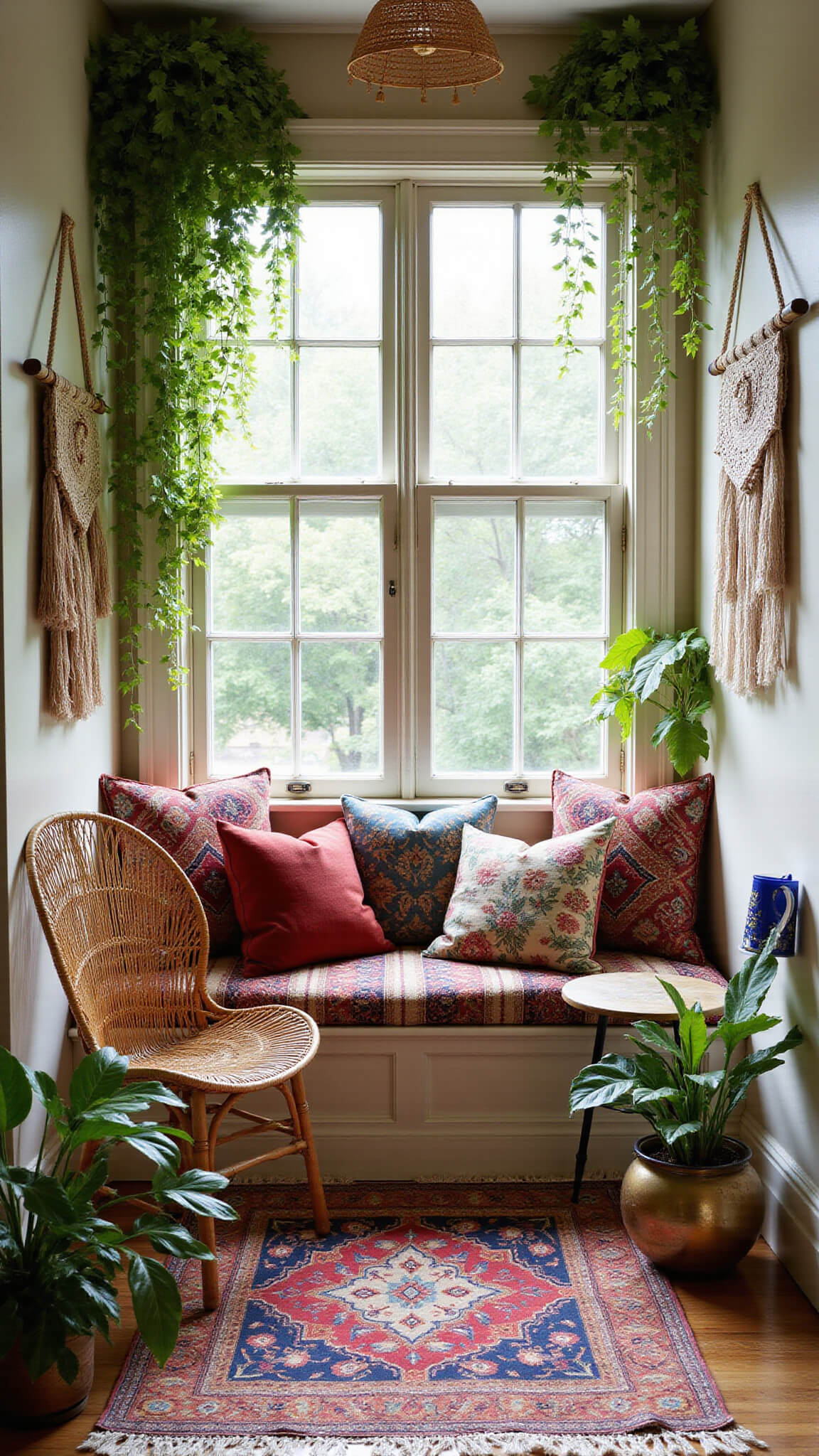 Bohemian garden nook with rattan peacock chair, brass table, layered Moroccan rugs, trailing plants, and patterned cushions bathed in warm, dappled natural light.