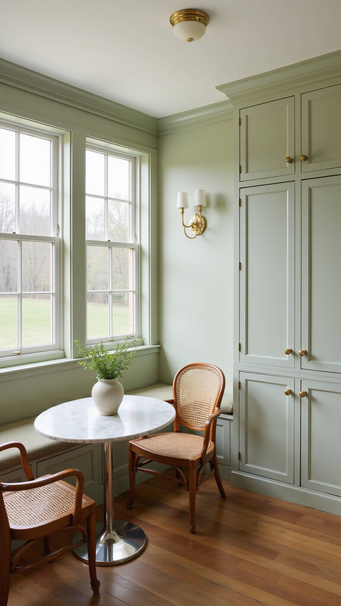 Custom sage green banquette seating with built-in storage, round marble table, curved cane chairs, and brass accents in a sunlit 7x7ft corner.