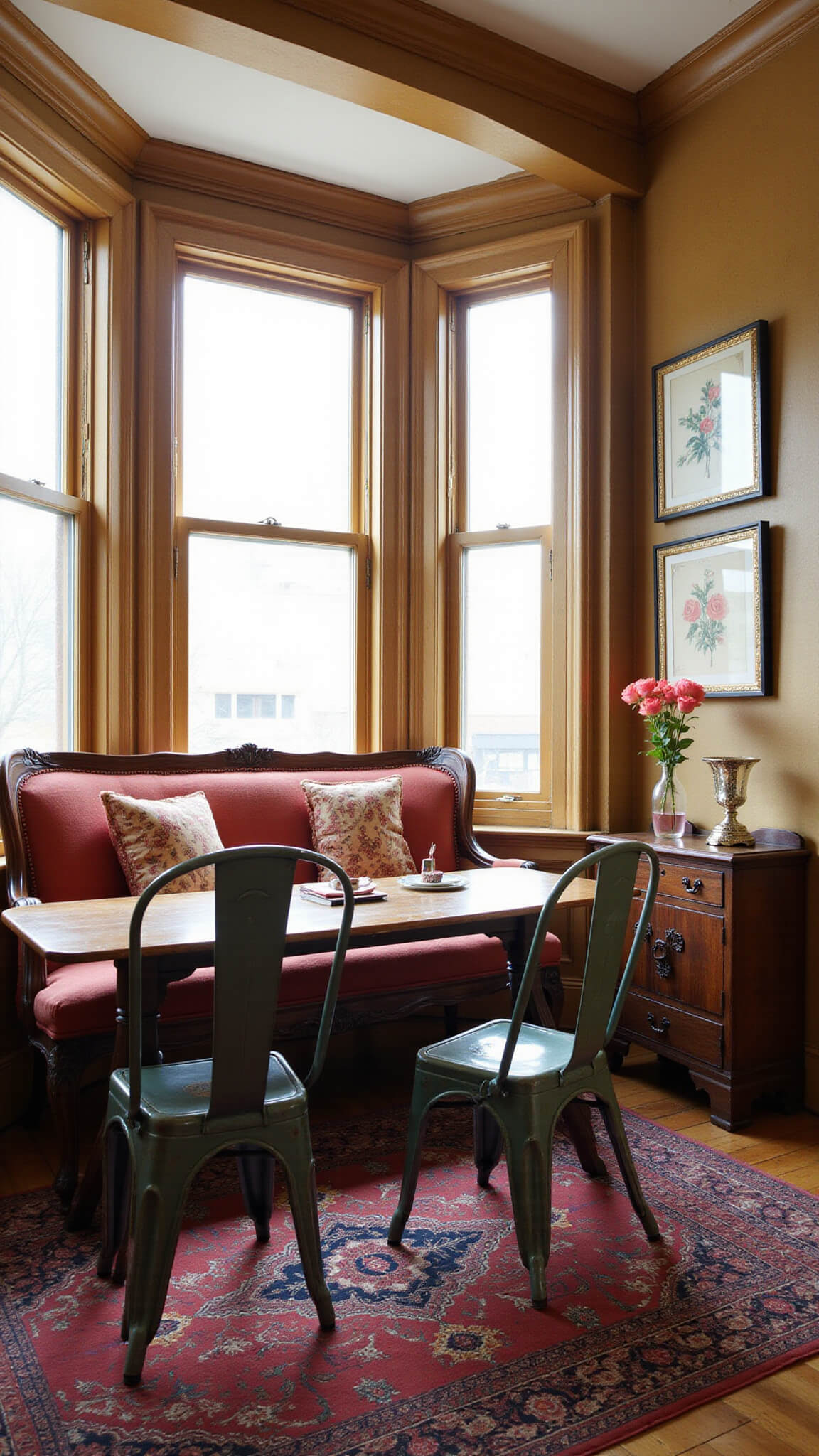 Eclectic vintage corner with bay windows, antique farm table, Victorian settee, metal chairs, botanical gallery wall, and Persian rug in warm golden hour lighting.