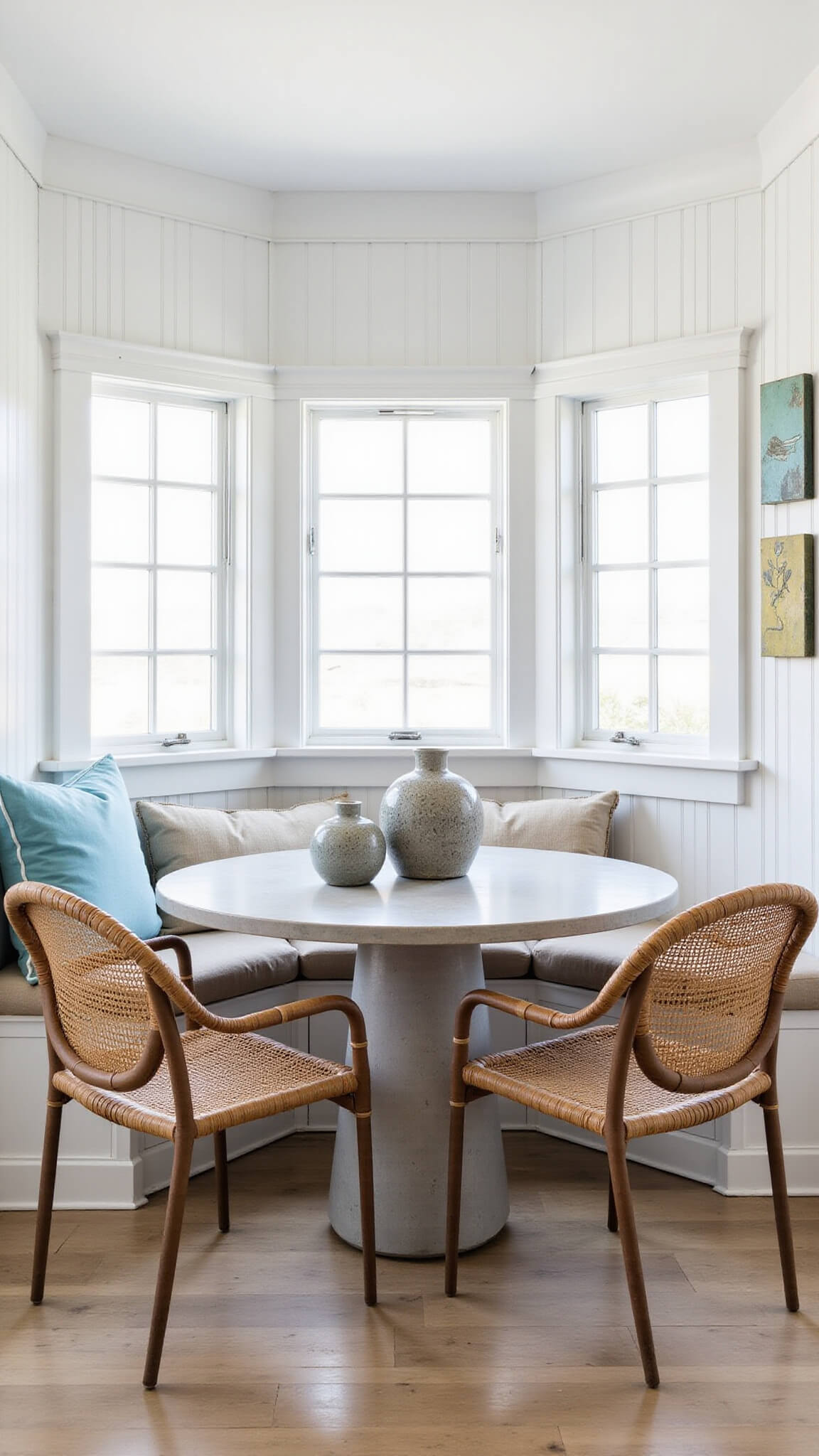Contemporary coastal nook with curved banquette, rattan chairs, concrete table, and bright natural light in a white-paneled corner.