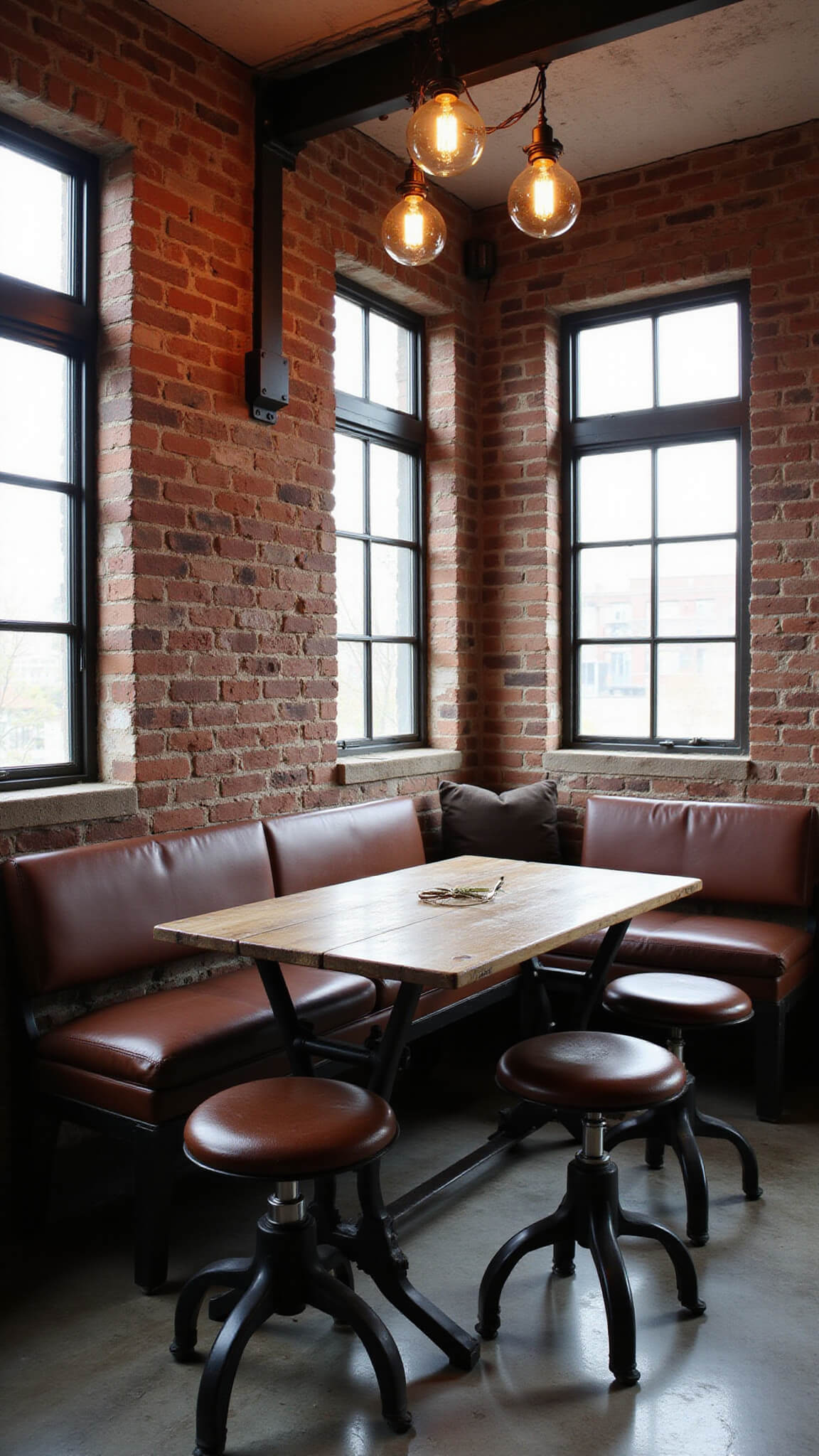 Industrial loft corner with exposed brick, reclaimed wood table, vintage stools, and warm Edison lighting in late afternoon.