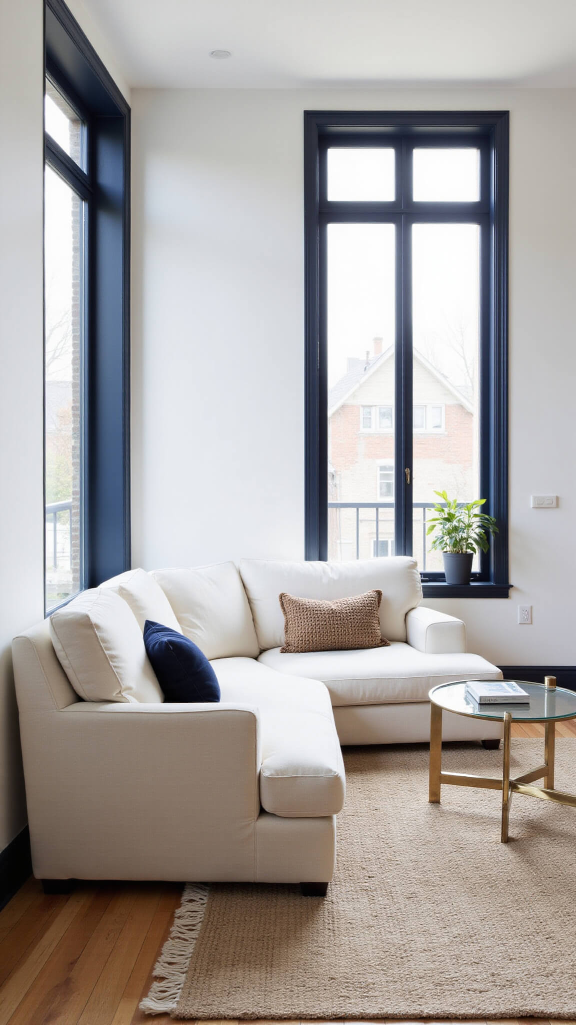 Compact living room with cream linen sectional, layered neutral rugs, brass and glass coffee table, and navy trim lit by morning light.