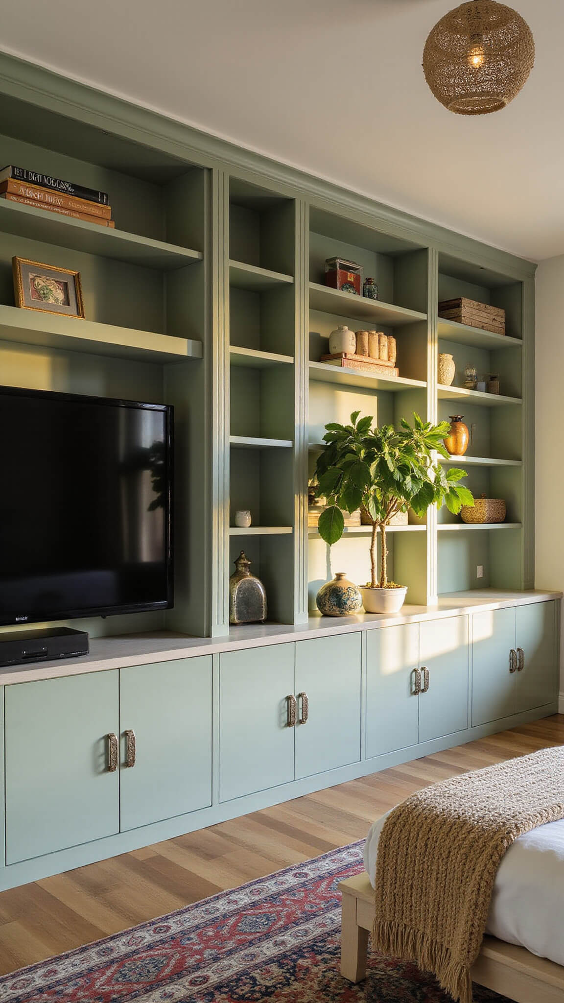 Vertical room with sage green floor-to-ceiling bookcase, golden hour light casting shadows through fiddle leaf fig, white oak console under mounted TV, and warm textured decor elements.