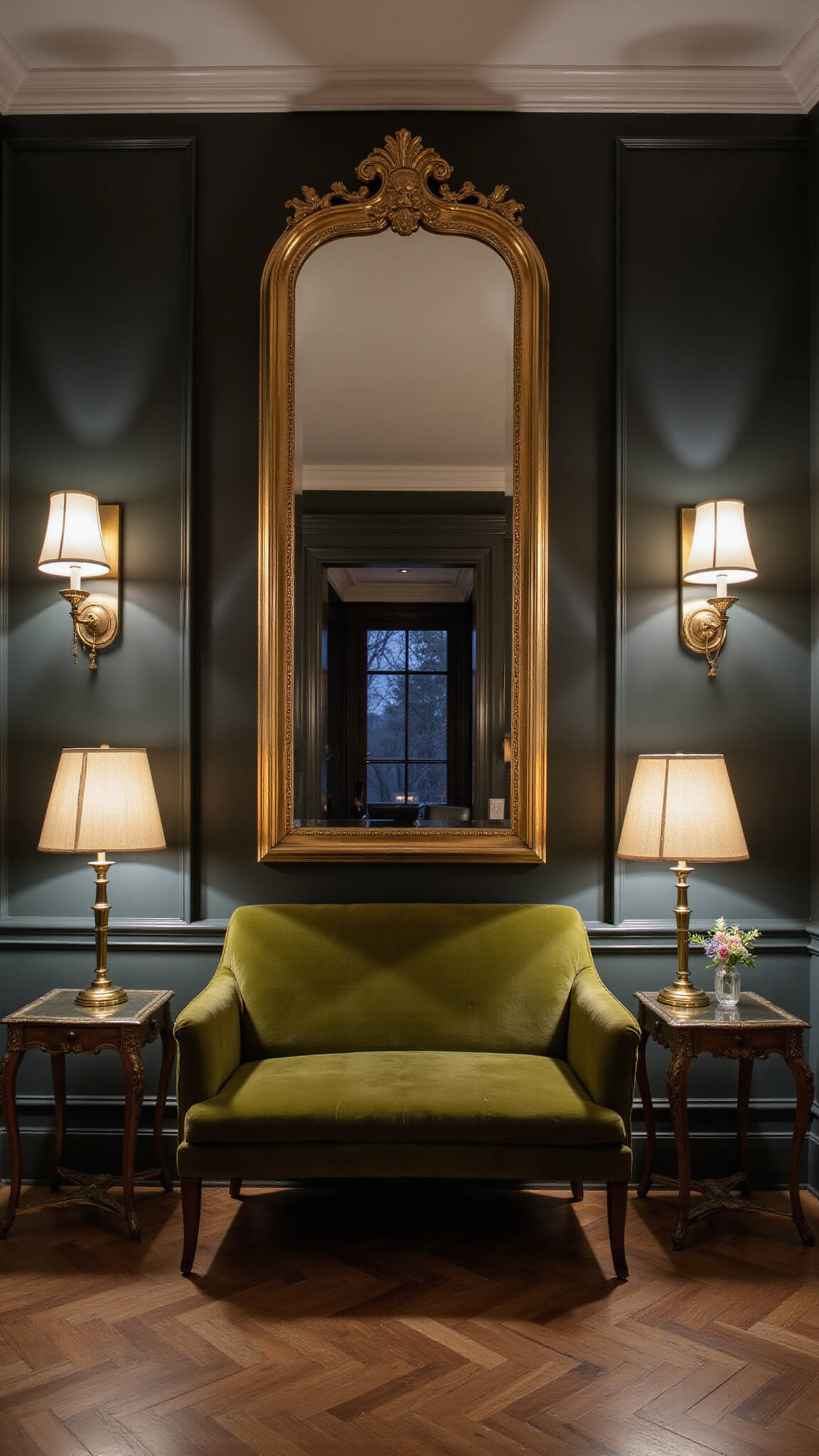 Cozy 9x11ft room with moss green velvet loveseat, vintage brass side tables, and large mirror reflecting dusk-lit ambiance from table lamps and wall sconces.