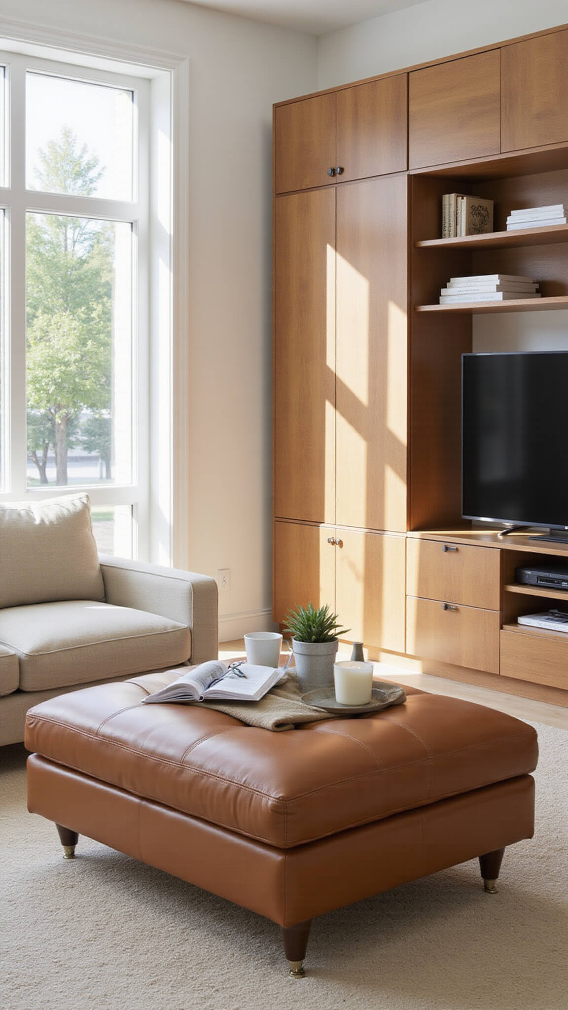 Multi-functional 10x13ft room with cognac leather storage ottoman, floating media unit, hidden wood storage, and textured white walls in bright natural light.