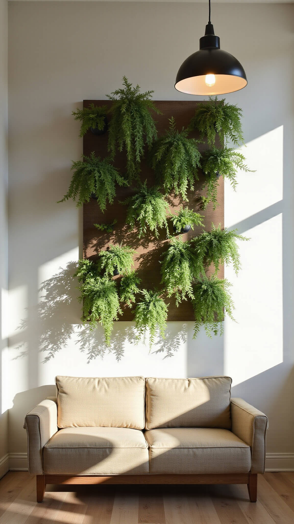 Vertical garden wall in modern 12x12ft room with hanging plants casting afternoon shadows, oatmeal linen sofa, and geometric pendant light.