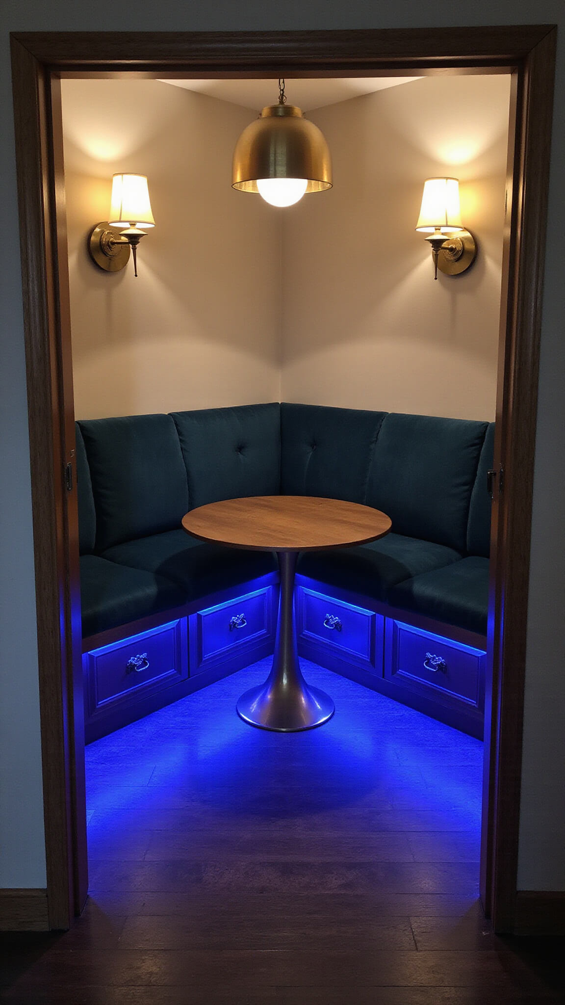 Corner banquette in performance velvet with hidden storage, moody twilight lighting, brass and chrome accents, layered ambient lighting, viewed from room entrance.