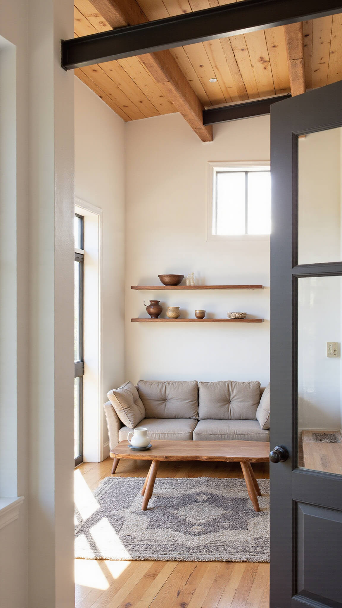 Open-concept 400 sq ft cabin interior at golden hour with sunlight through floor-to-ceiling windows, featuring light maple floors, Scandinavian oatmeal linen sofa, walnut coffee table, floating shelves with ceramics, and vintage kilim rug.