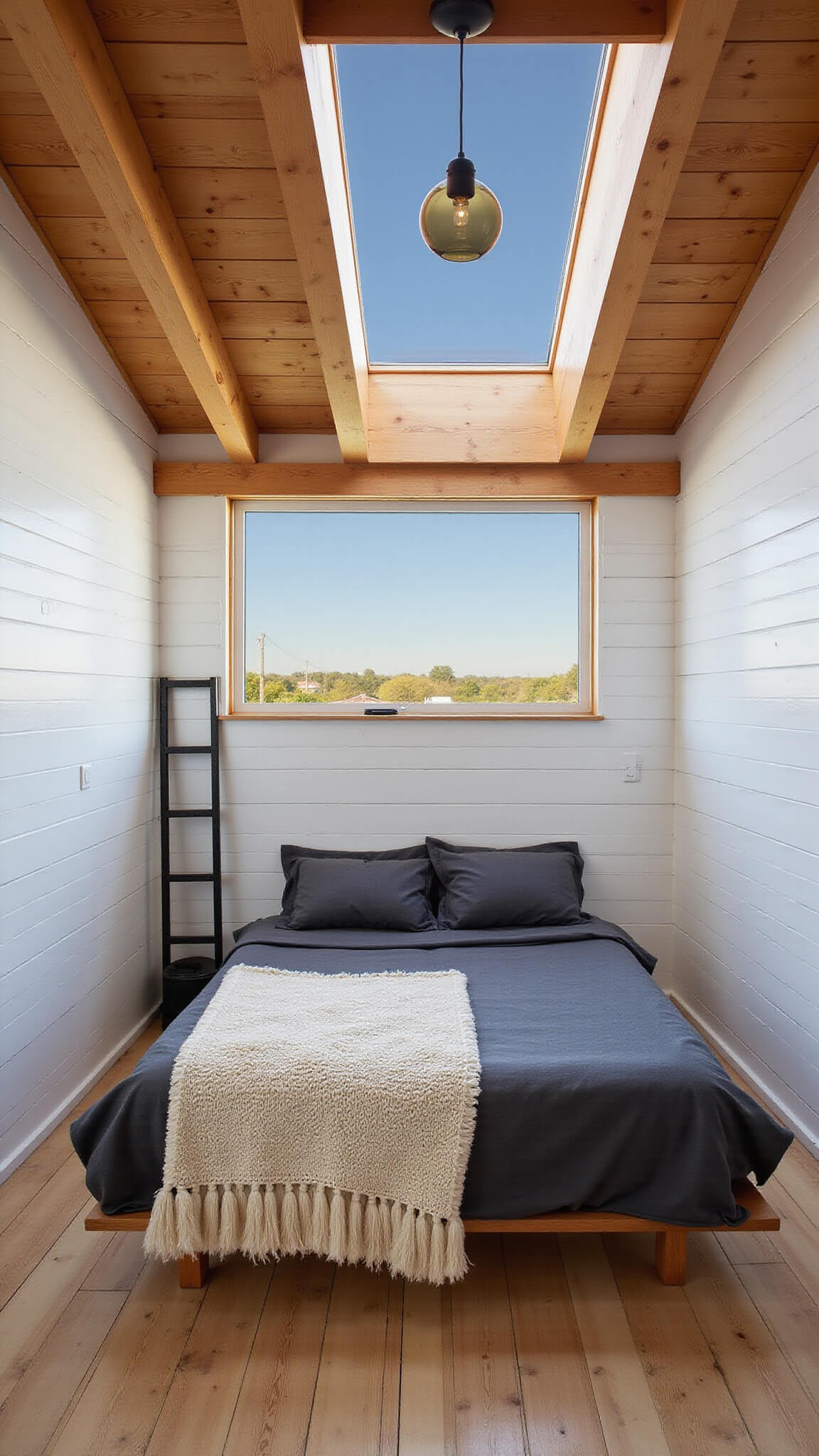 Modern loft cabin bedroom with cedar beams, white shiplap walls, charcoal bedding, and skylight during blue hour.
