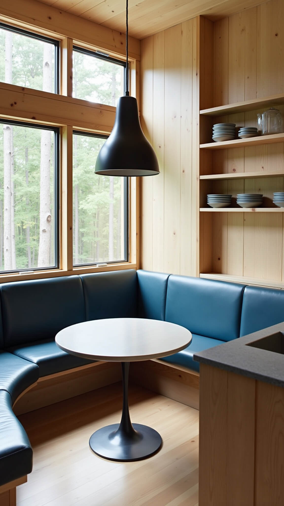 Morning-lit cabin kitchen nook with forest views, white oak cabinetry, concrete countertops, slate blue banquette, round tulip table, and ceramic dinnerware on open shelves.
