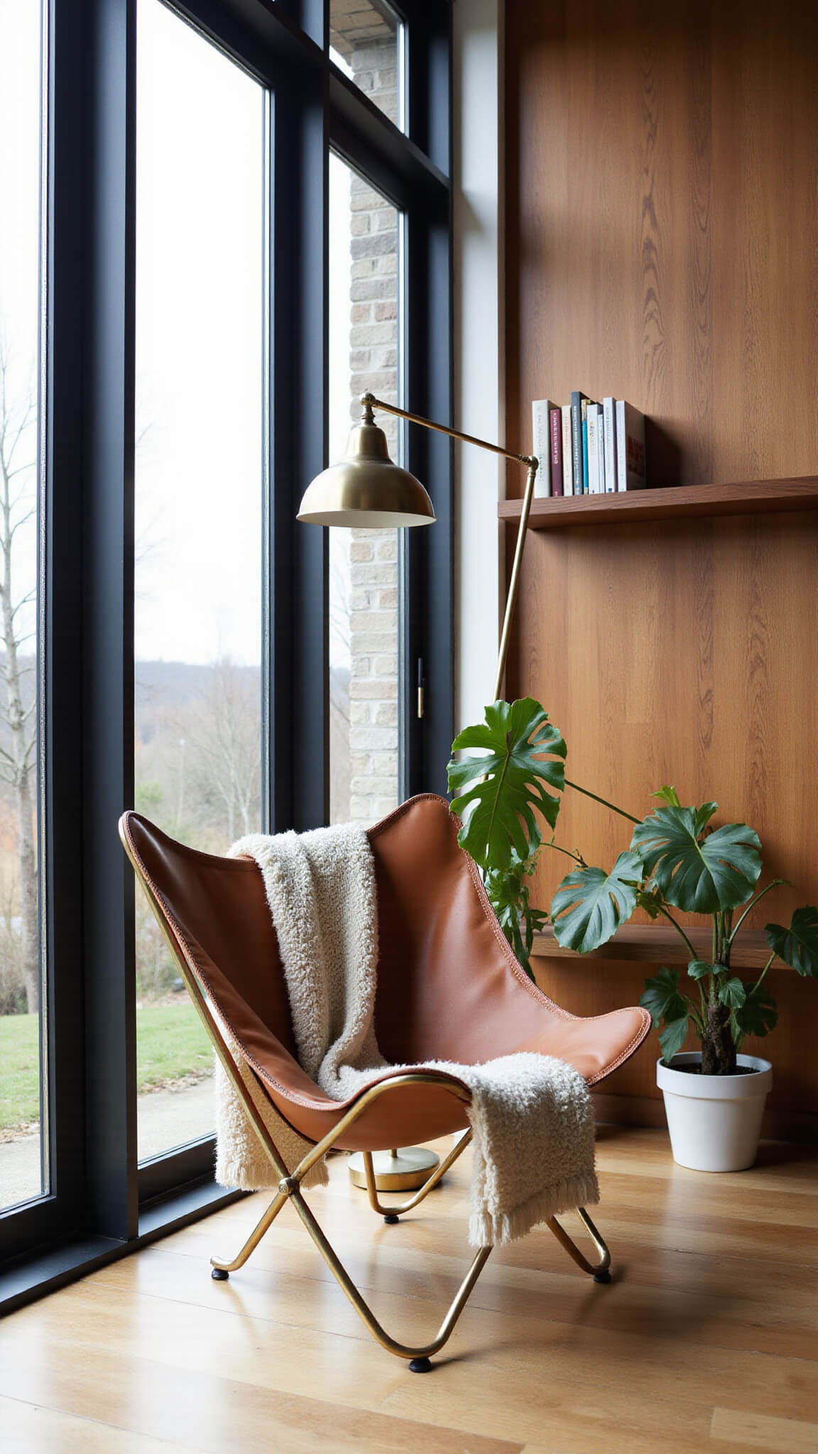 Cozy reading corner with leather butterfly chair, ivory knit throw, walnut bookshelf, and fiddle leaf fig by tall windows and Douglas fir wall in soft afternoon light.