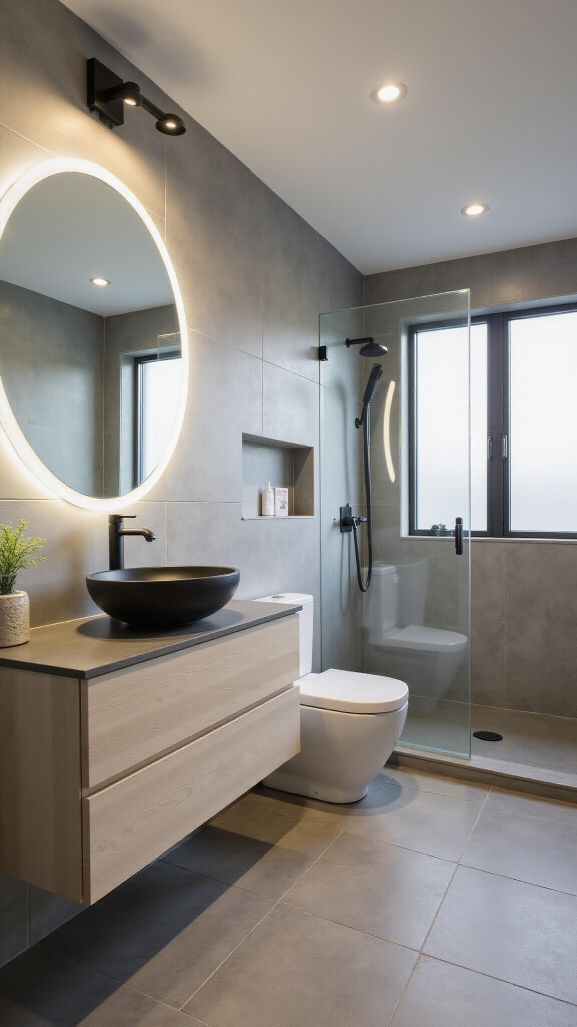 Modern bathroom with slate tile walls, floating bleached oak vanity, vessel sink, round LED mirror, matte black fixtures, glass shower, and soft morning light.