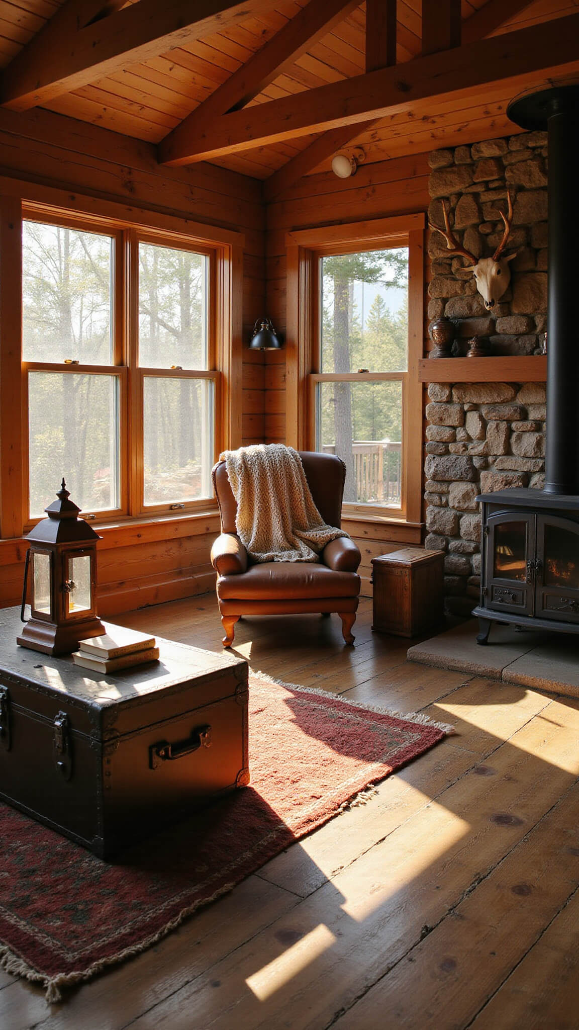 Rustic cabin living room at golden hour with sunlight streaming through windows, featuring a leather armchair by a wood stove, vintage trunk coffee table, layered wool rugs, and stone accent wall with mounted antlers.