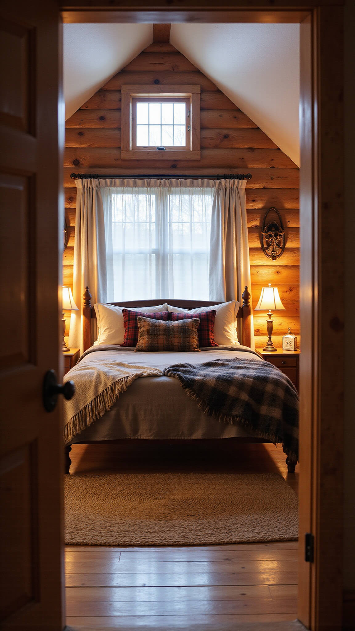 Cozy cabin bedroom at dawn with queen bed in buffalo plaid flannel, faux fur throws, log walls, soft morning light through sheer curtains, and warm bedside lighting.