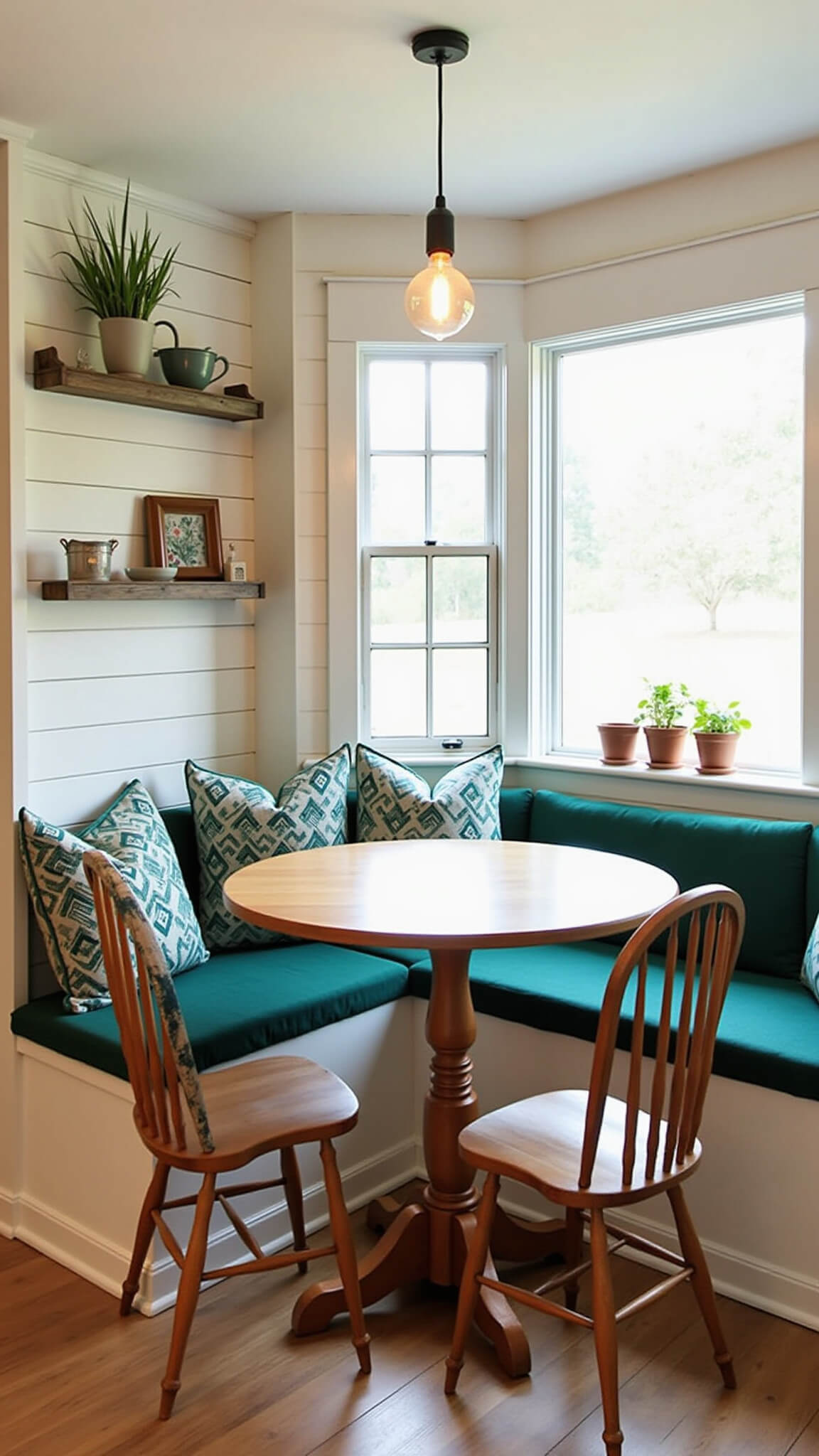 Cozy cabin kitchen nook with bay window, forest green cushioned bench, oak pedestal table, Windsor chairs, open shelves with pottery, and potted herbs on windowsill.