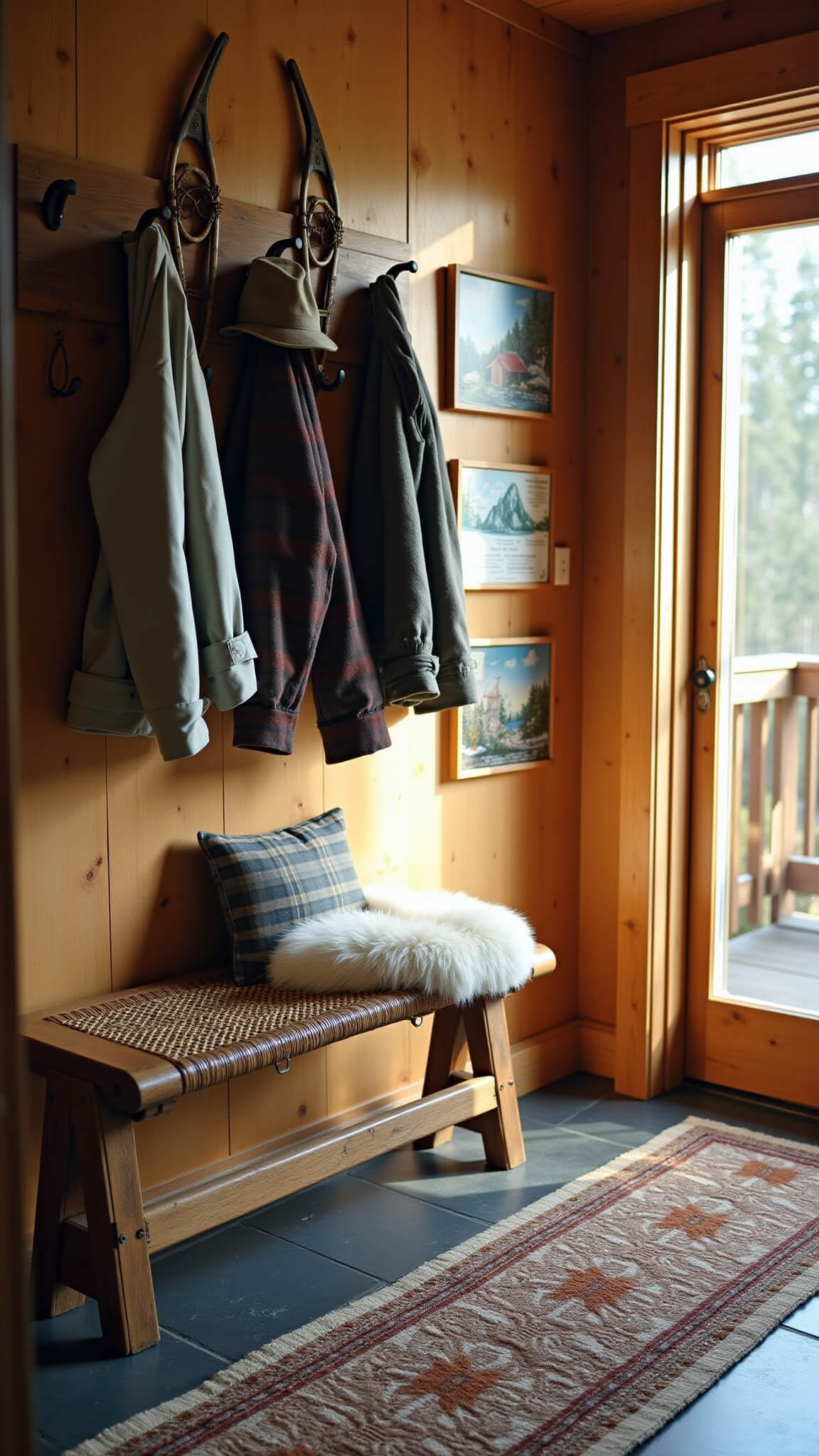 Rustic cabin entryway with Dutch door, canvas jackets and felt hats on barn wood hooks, antique bench with sheepskin, vintage snowshoes and maps on wall, slate floor with braided runner, lit by late morning sunlight.