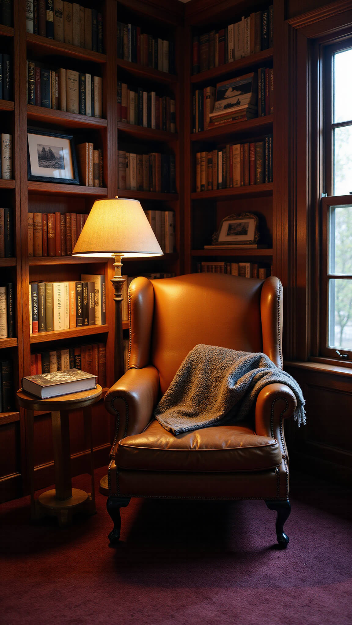 Cozy reading nook at dusk with leather wingback chair, oak side table, warm lamp light, and floor-to-ceiling bookshelf in 8x8ft alcove.