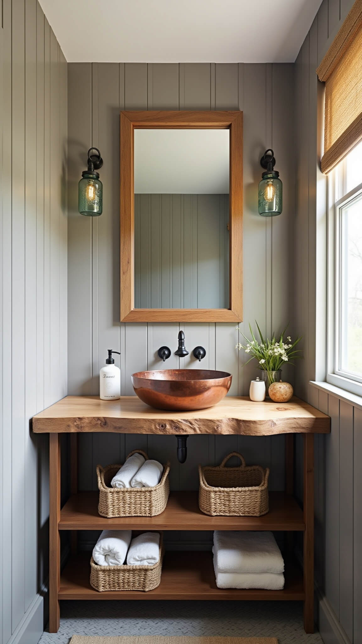 Bathroom vanity with live-edge wood counter, copper vessel sink, timber-framed mirror, mason jar sconces, and open shelving with baskets and towels in soft morning light.