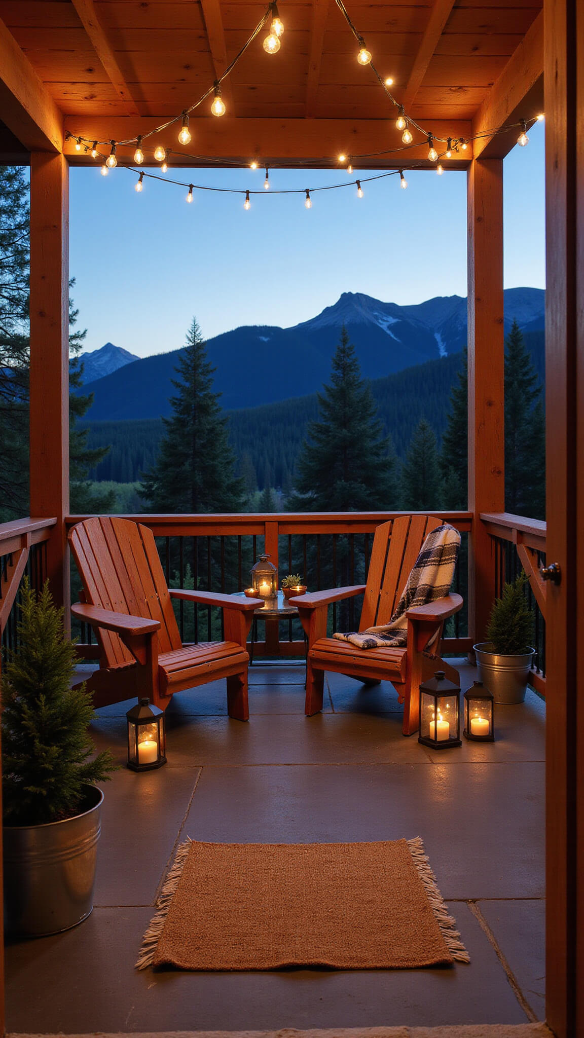 Twilight view from interior to cozy covered porch with glowing string lights, Adirondack chairs, plaid throws, potted evergreens, and mountain backdrop.