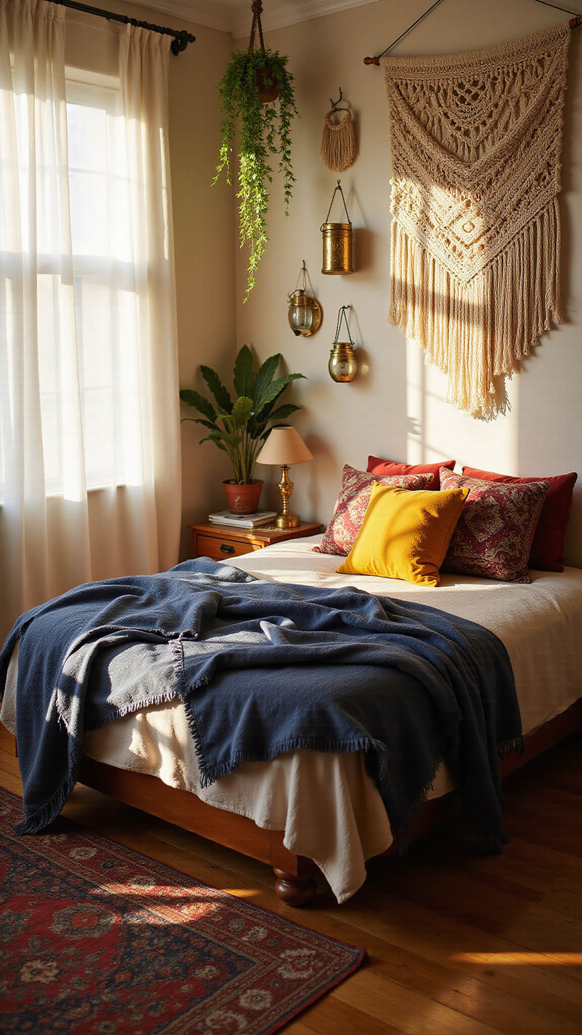 Bohemian bedroom at golden hour with layered textiles, macramé wall art, and sunlit plants, shot through a 35mm lens at f/2.8.