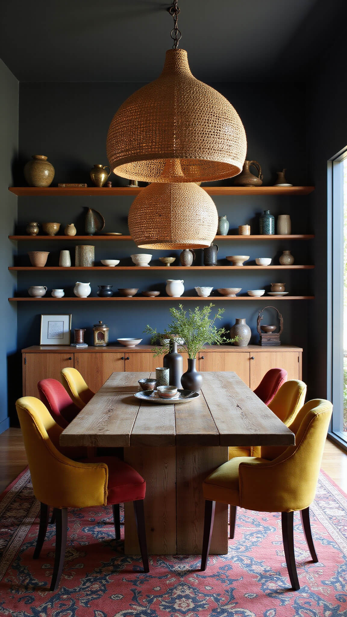 Bohemian-style dining room at dusk with reclaimed wood table, mismatched velvet chairs, rattan pendants, and pottery-lined shelves.