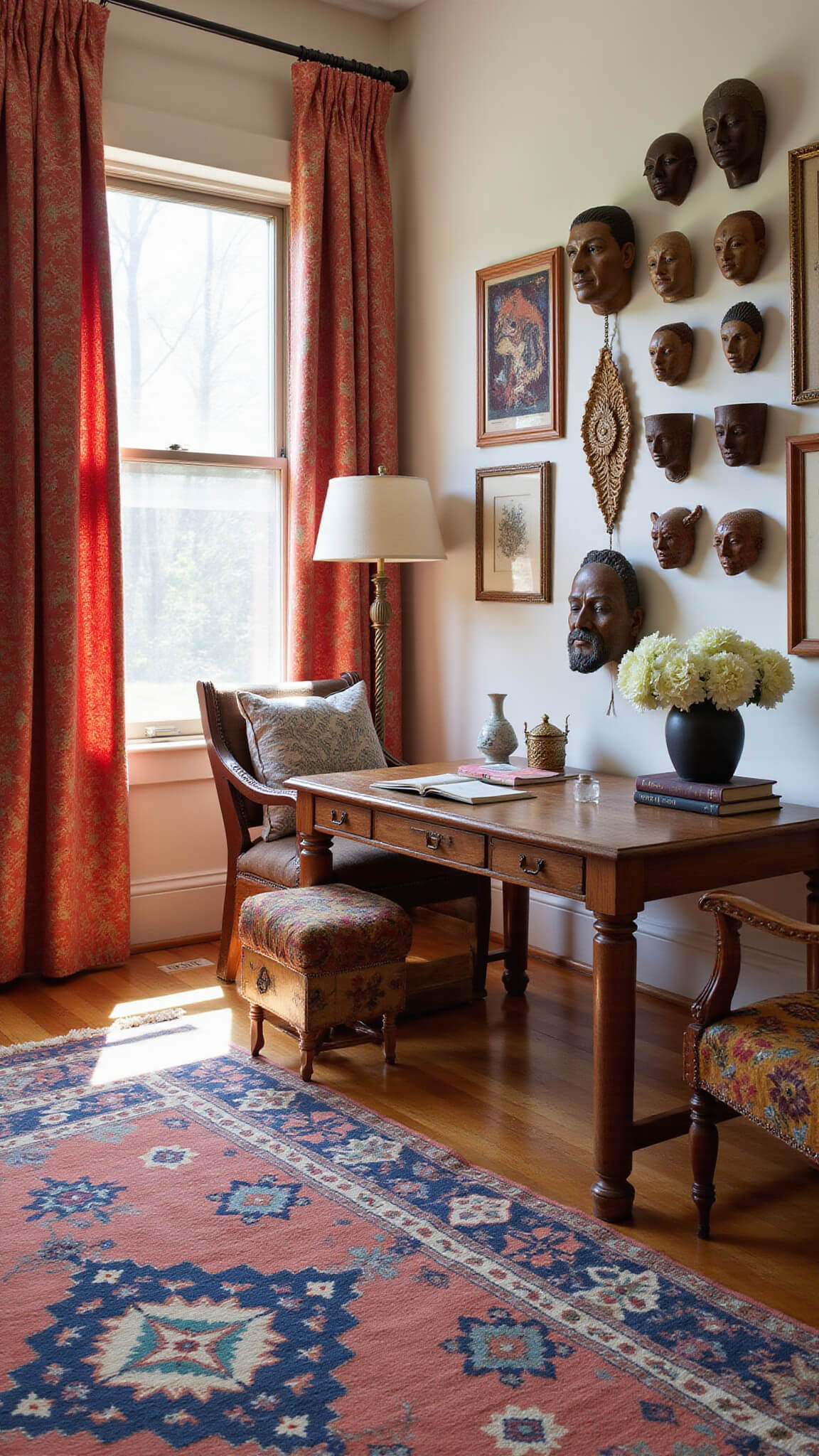 Bohemian home office with carved wooden desk, kilim rugs, and global decor, lit by natural mid-morning light.