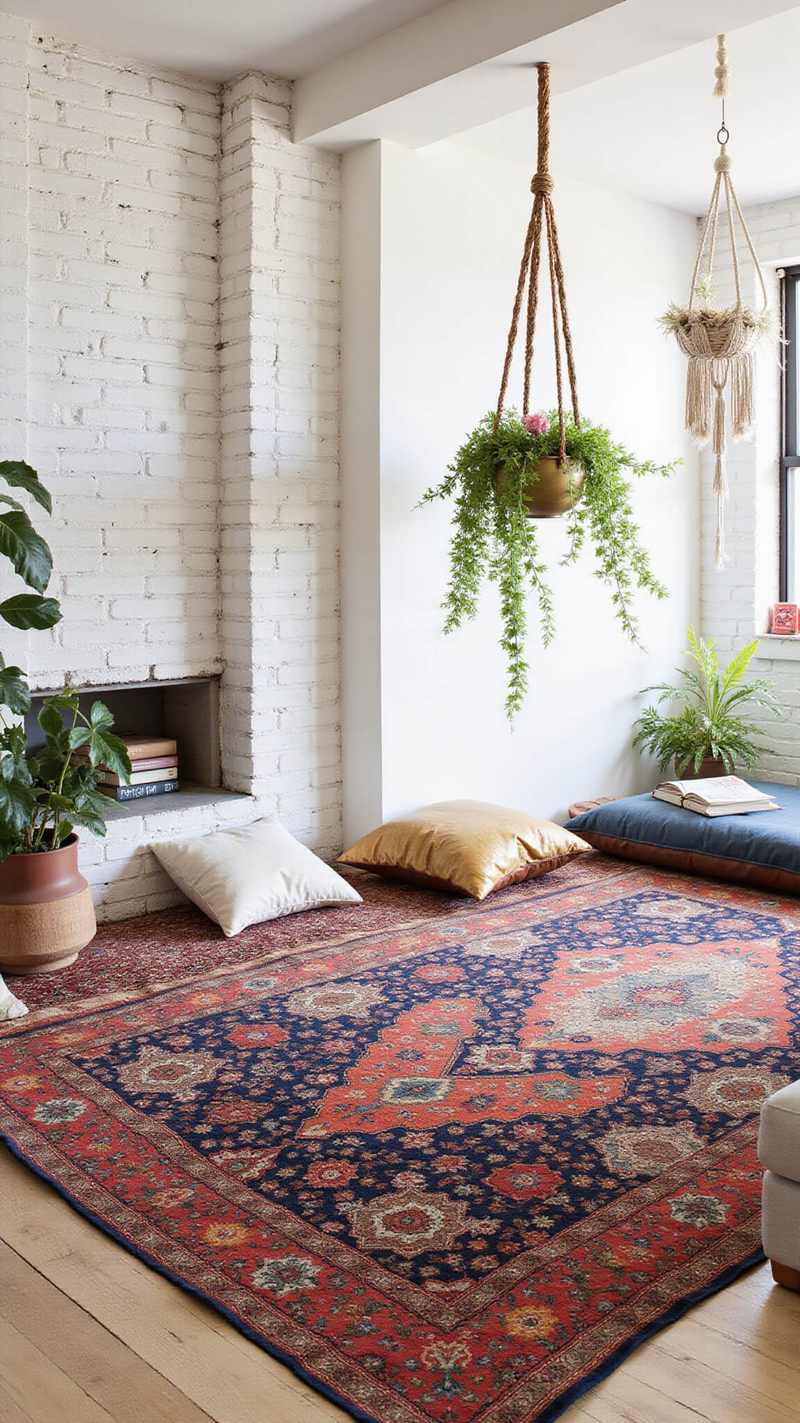 Artist's loft with whitewashed brick walls, vintage jewel-toned rugs, Moroccan leather cushions around a brass table, and hanging macramé plants.