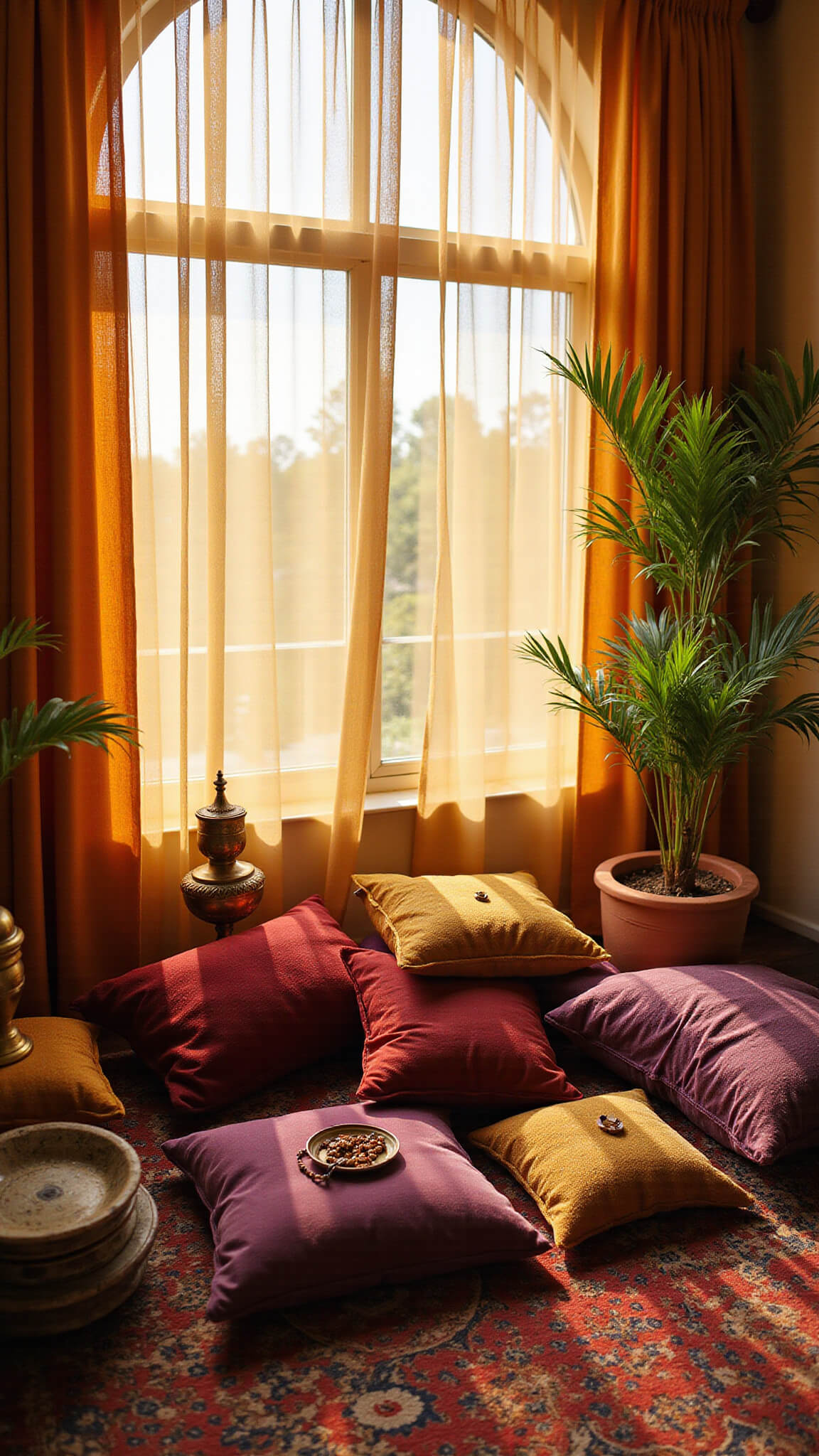 Sunlit meditation corner with floor pillows, sheer saffron curtains, brass incense holders, and potted palms in a cozy 14x16ft space.