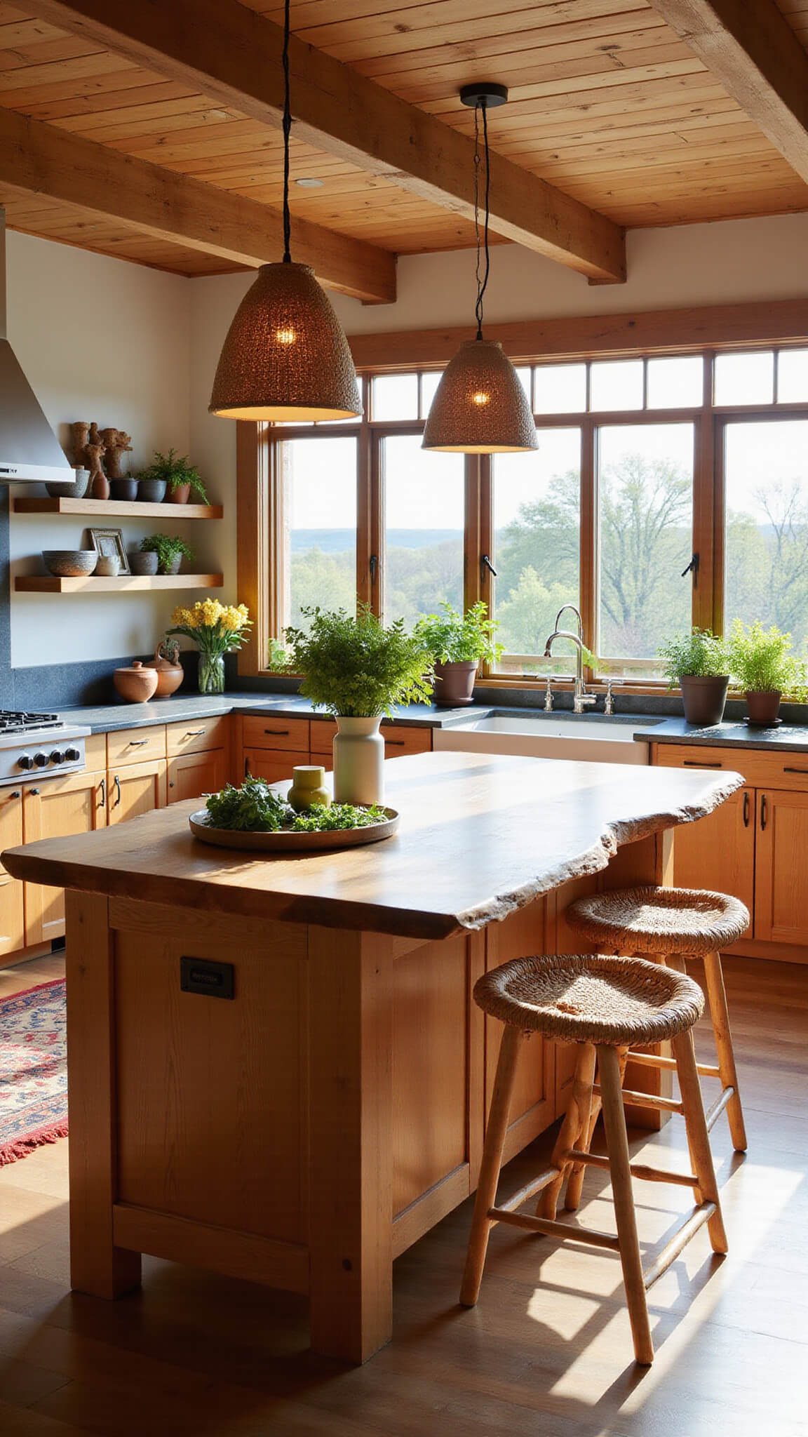 Modern farmhouse kitchen with oak cabinets, soapstone countertops, live-edge island, rattan stools, and golden hour natural light.