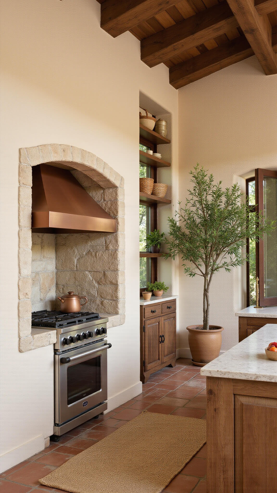 Mediterranean-style kitchen with plaster walls, exposed ceiling beams, a stone cooking alcove, open oak shelving, and terra cotta floors with jute runners.