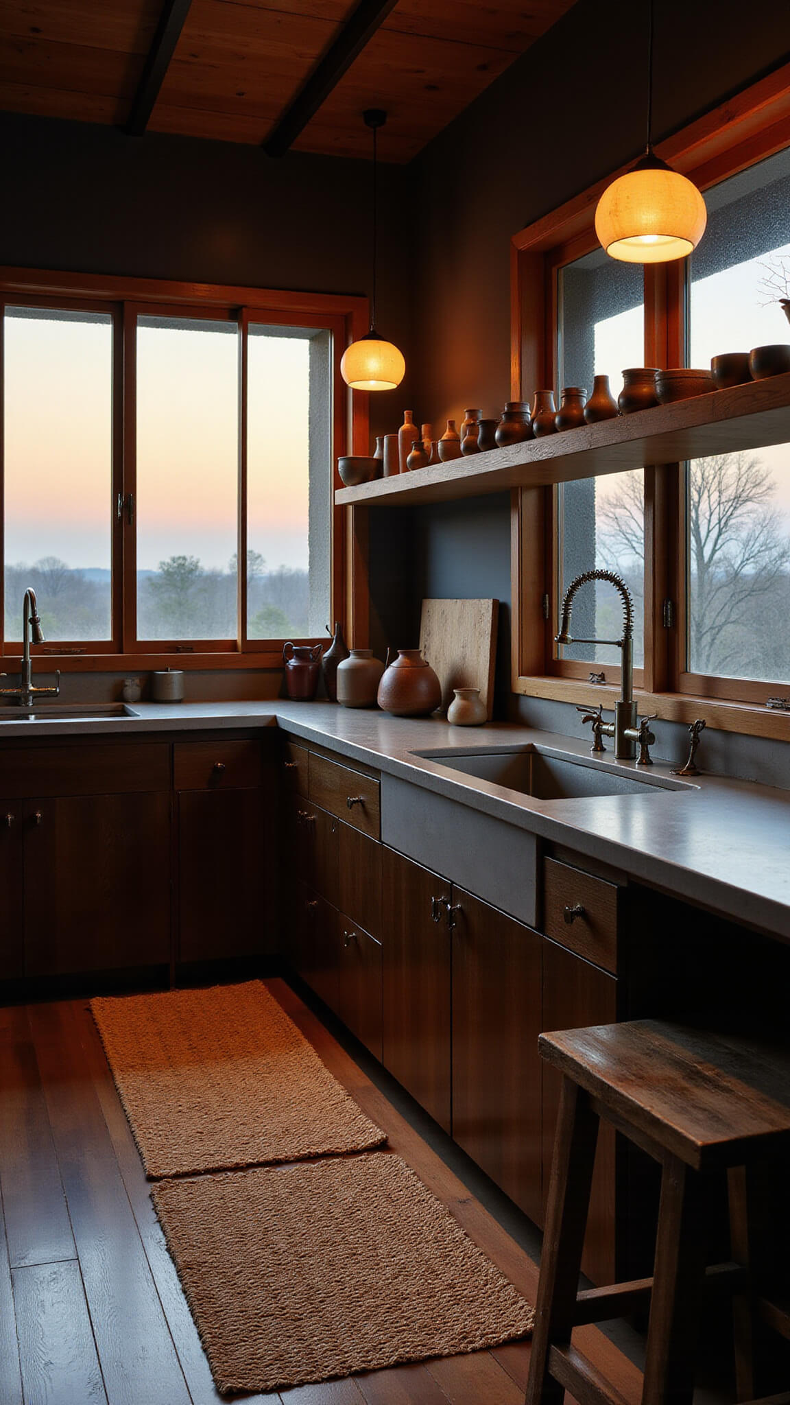 Moody Japanese-inspired kitchen with shoji screens, dark bamboo cabinets, concrete counters, ceramic vessels, and warm lantern lighting.