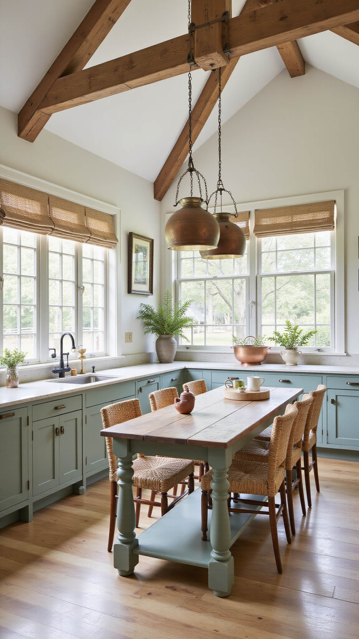 Bright morning kitchen with vaulted ceilings, oak beams, sage green cabinets, limestone surfaces, antique farm table island, woven chairs, copper pots, dried herbs, and natural fiber Roman shades filtering soft light.