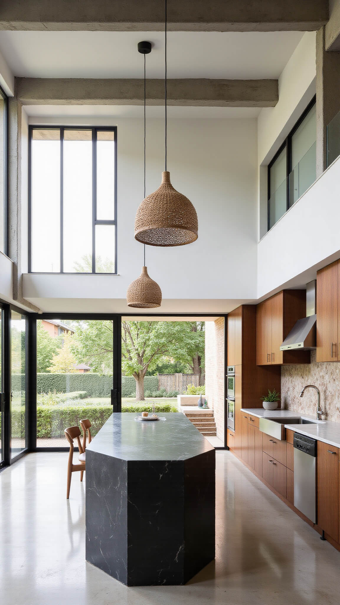 Modern kitchen with high ceilings, oak cabinets, soapstone island, marble counters, and floor-to-ceiling windows overlooking a courtyard garden.