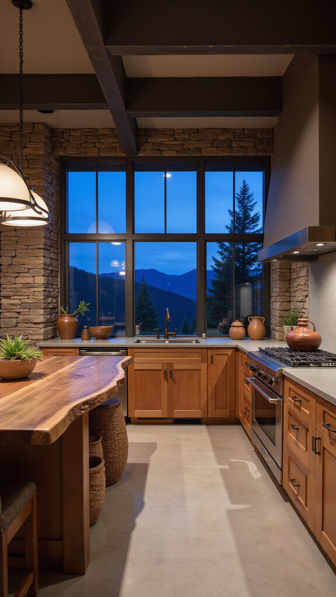 Rustic-modern kitchen at dusk with stone walls, steel beams, concrete counters, and a live-edge walnut island, framed by mountain-view windows.