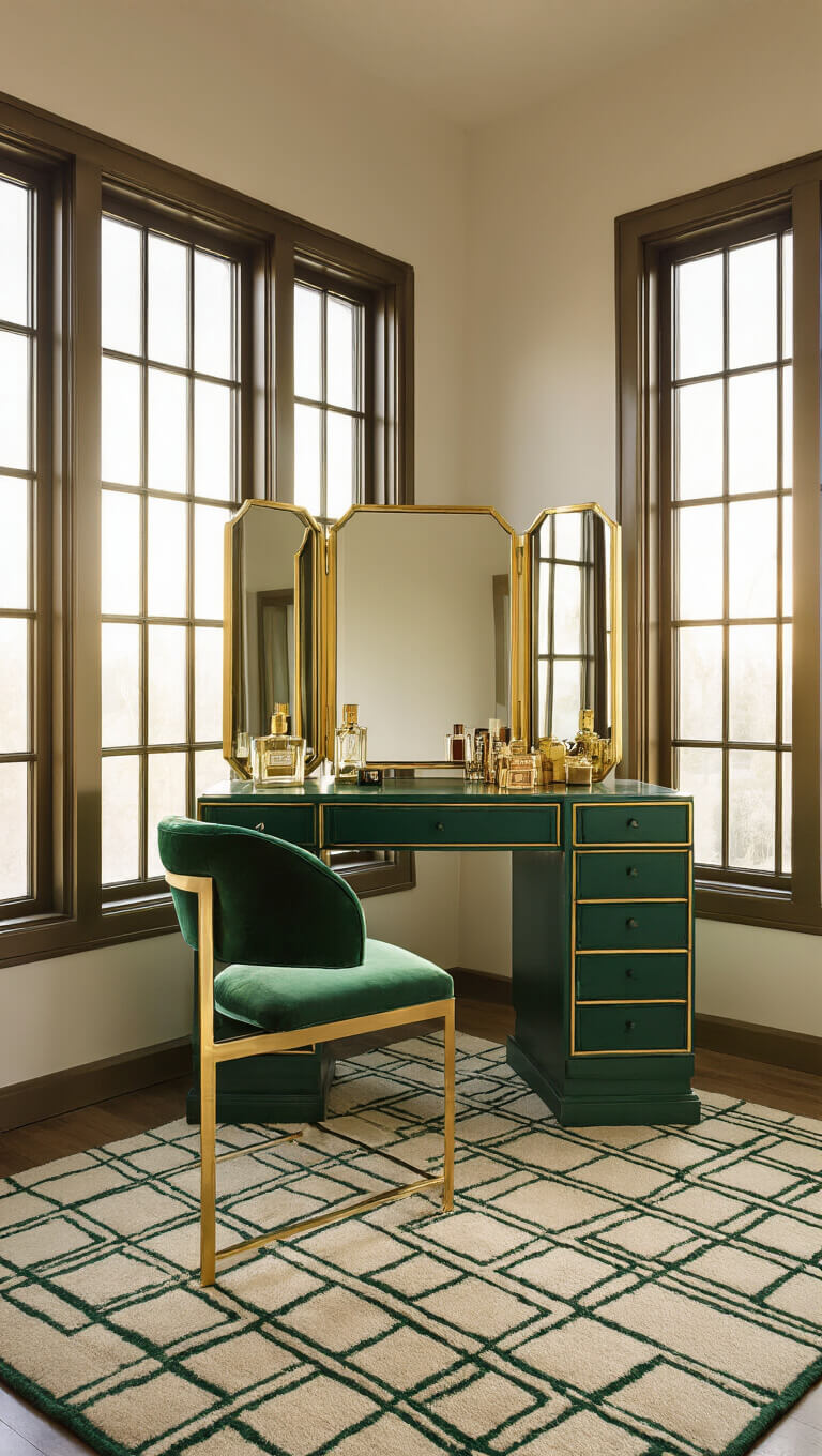 Art Deco dressing area with emerald green vanity, tri-fold mirror, vintage perfume bottles, and brass accents bathed in golden morning light.