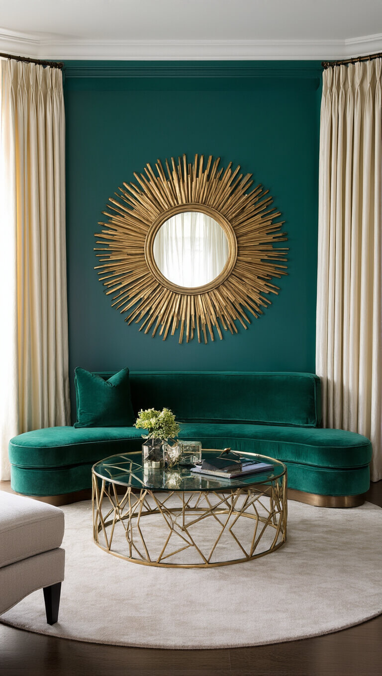 Elegant master bedroom alcove with emerald velvet sofa, brass accents, and cream drapery under moody blue hour lighting.