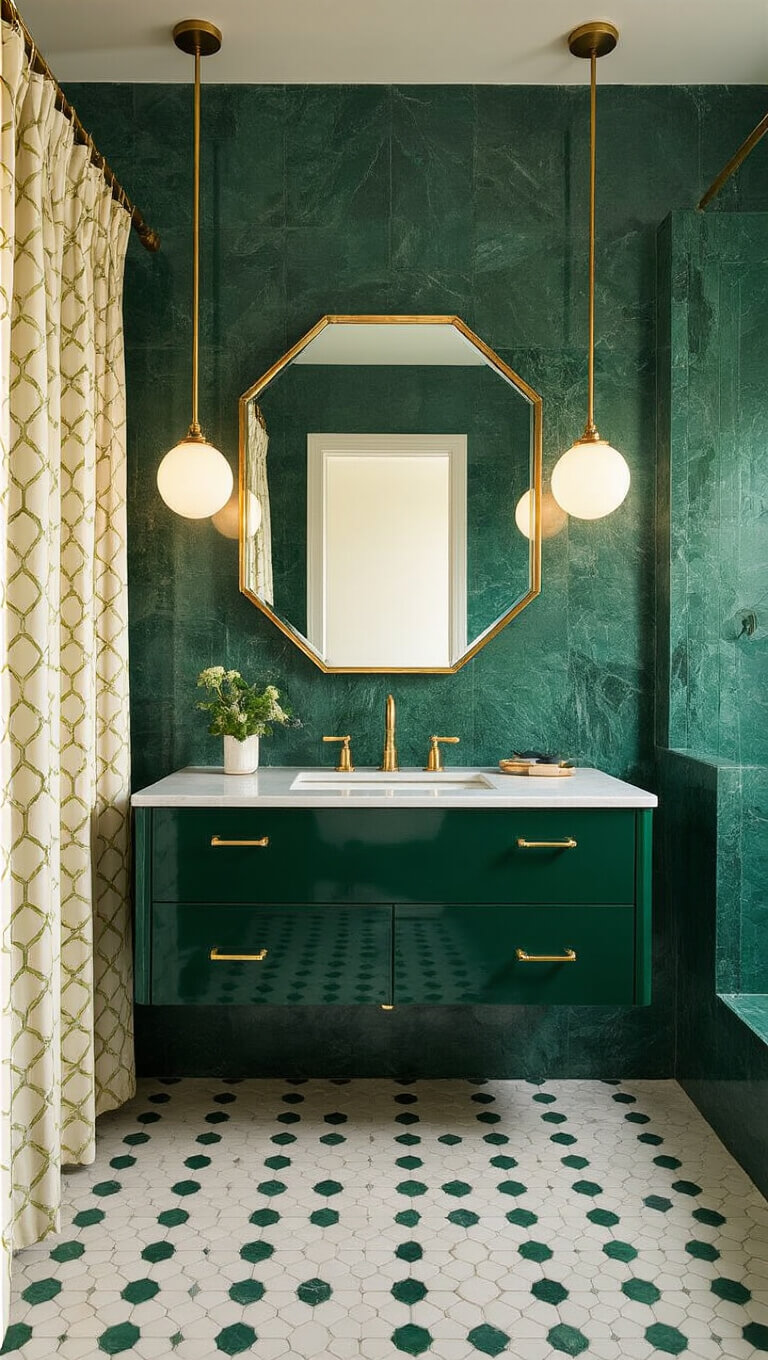 Art Deco bathroom with emerald marble hex tiles, brass mirror, green vanity, globe lights, and geometric shower curtain at golden hour.