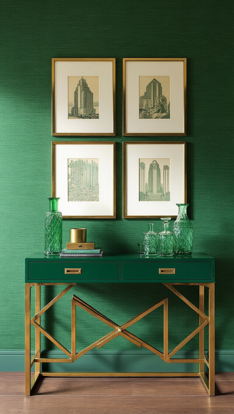 Art Deco-inspired bedroom entrance with emerald grasscloth wall, brass-framed vintage prints, and dark green lacquer console table styled with emerald glass decanters and brass accents in soft morning light.
