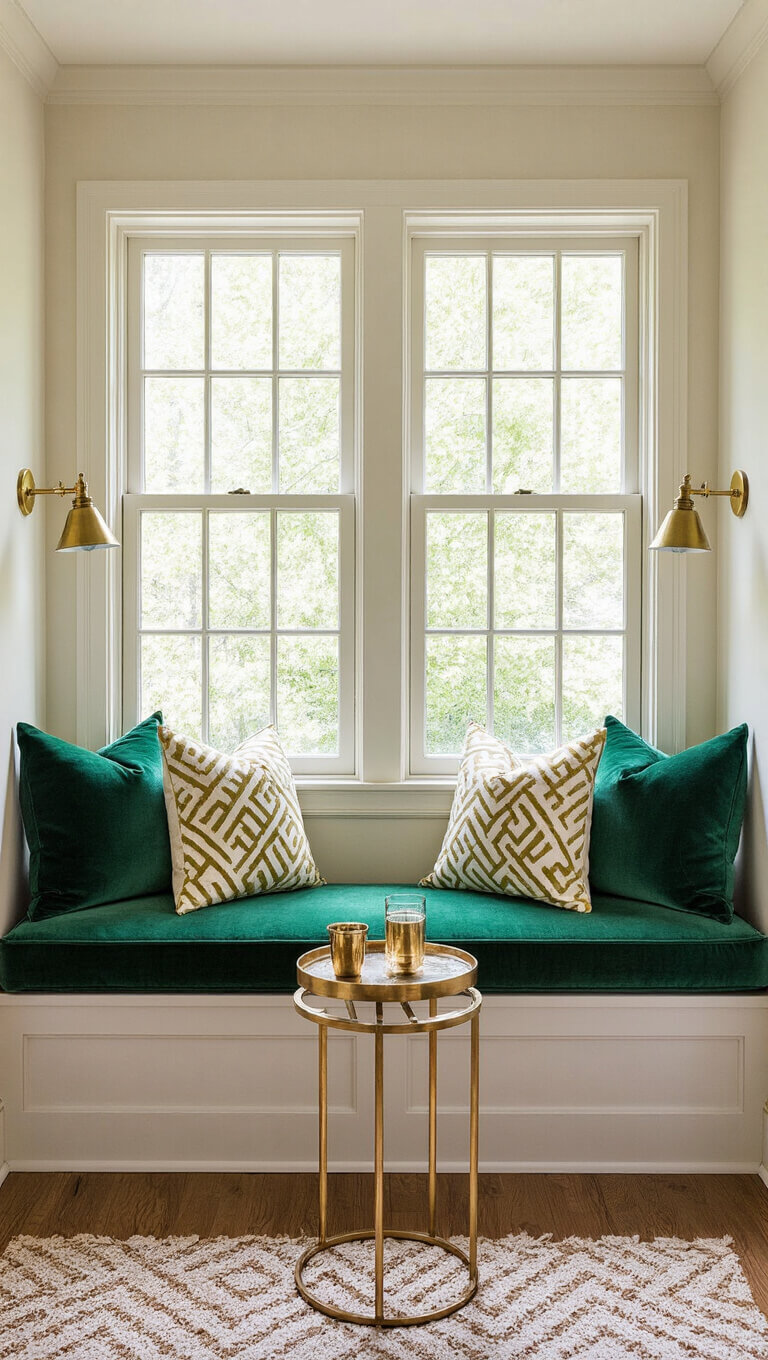 Window nook reading corner with emerald velvet bench, brass sconces, geometric pillows, and vintage lamp bathed in natural midday light.