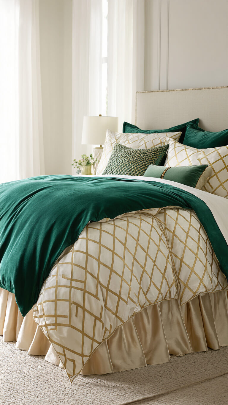 Close-up of elegant king bed with emerald silk duvet, cream and gold geometric shams, layered green velvet pillows with brass zippers, and champagne silk pleated bed skirt in soft afternoon light.