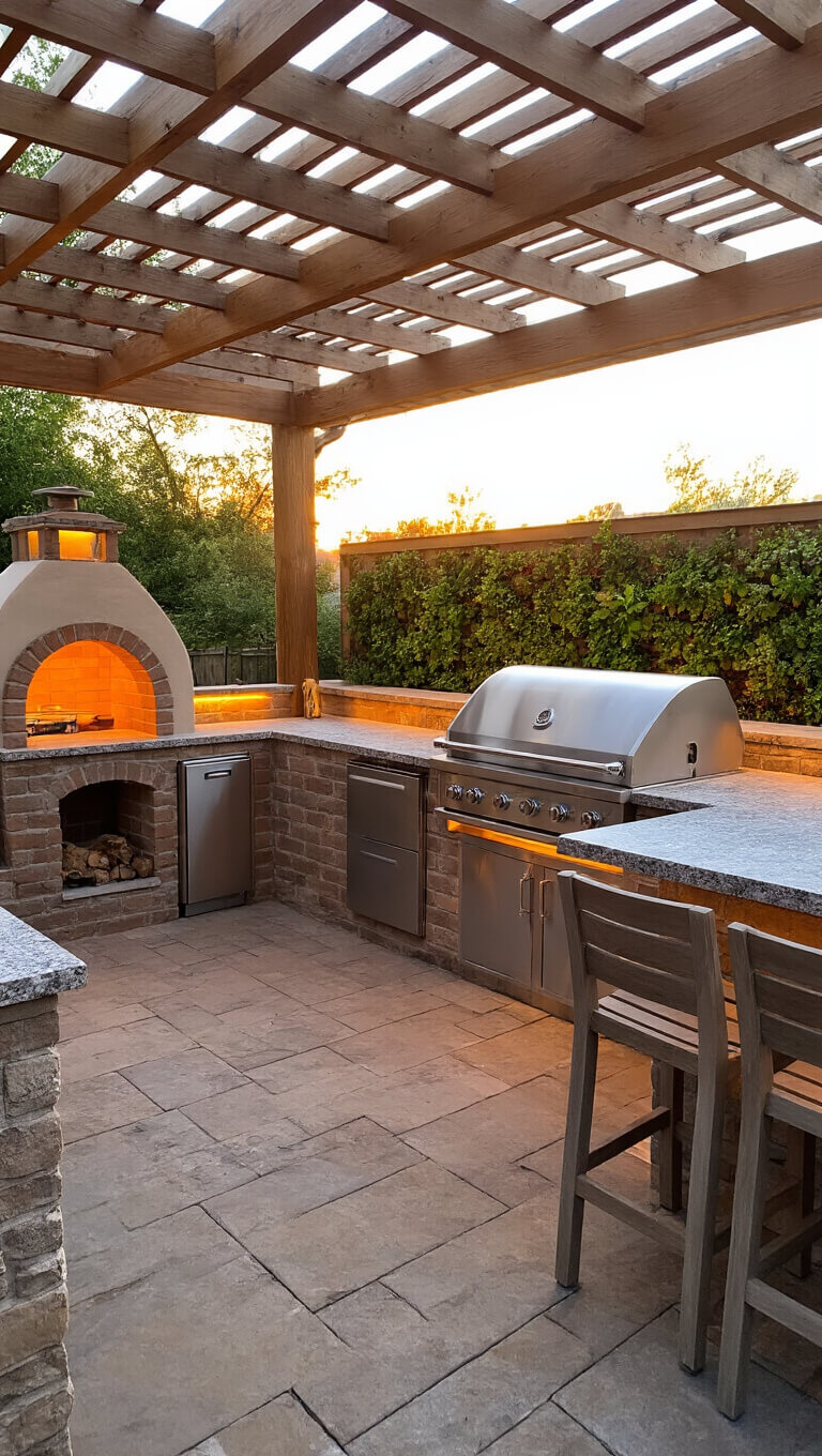 L-shaped outdoor kitchen on stone patio with cedar pergola, featuring stainless steel grill, brick pizza oven, wet bar, granite countertops, herb garden wall, and teak bar stools at sunset.