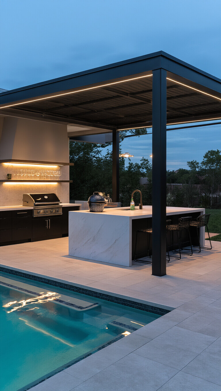 Modern poolside kitchen pavilion at dusk with black frame, kamado grill island, quartz countertop, LED-lit shelves, porcelain tile flooring, and sleek bar seating reflected in pool.