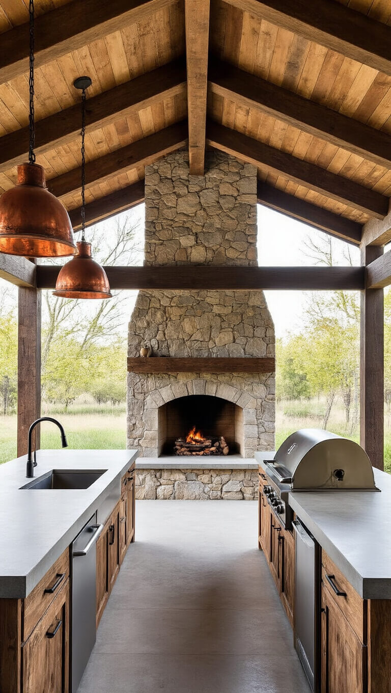 Rustic-modern ranch kitchen with stone fireplace, wood-fired grill, concrete counters, and barn wood fridge under exposed timber beams, lit by morning sunlight and copper pendant lights.
